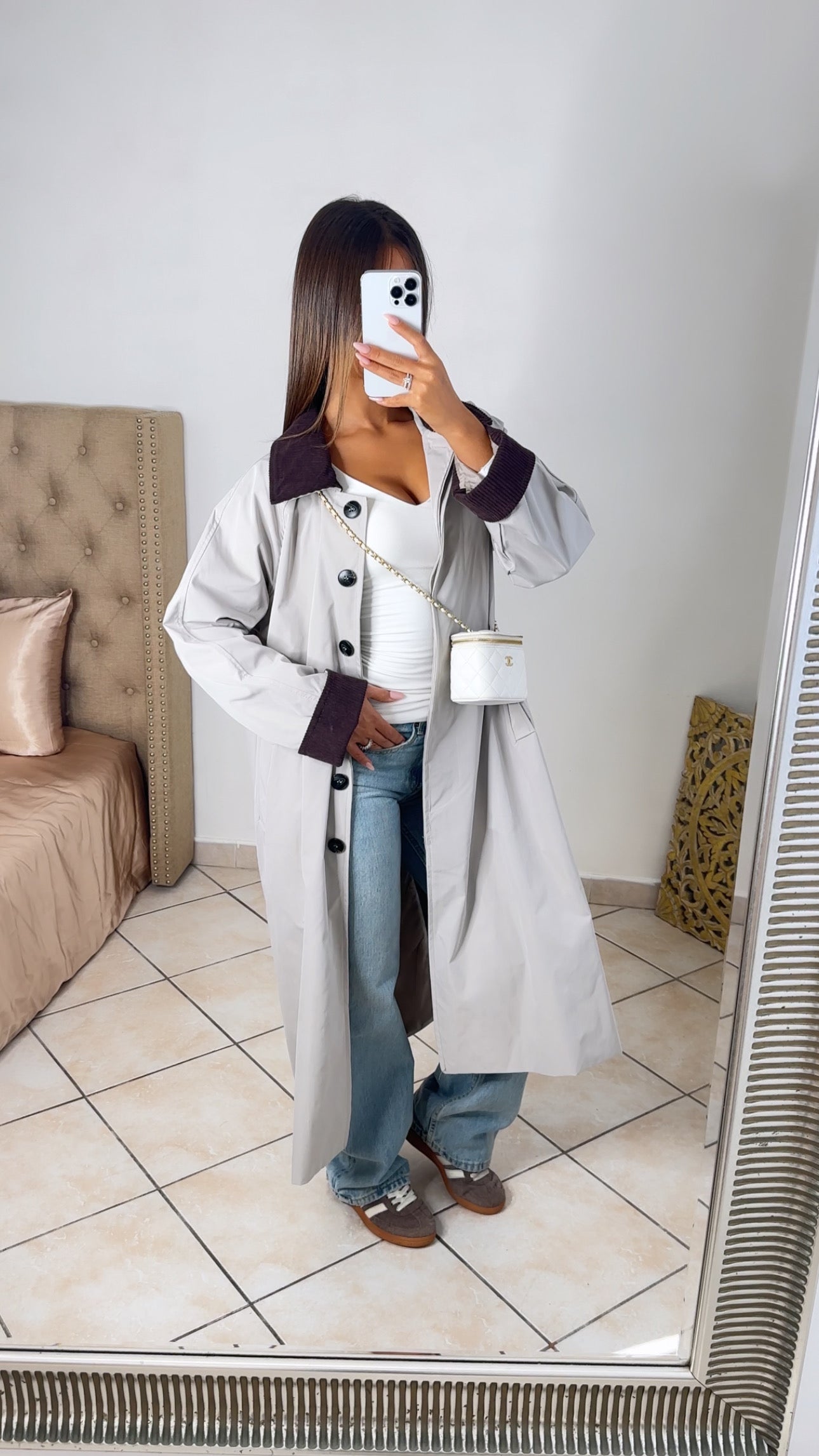 Trench long oversize à revers en daim marron [TAUPE]