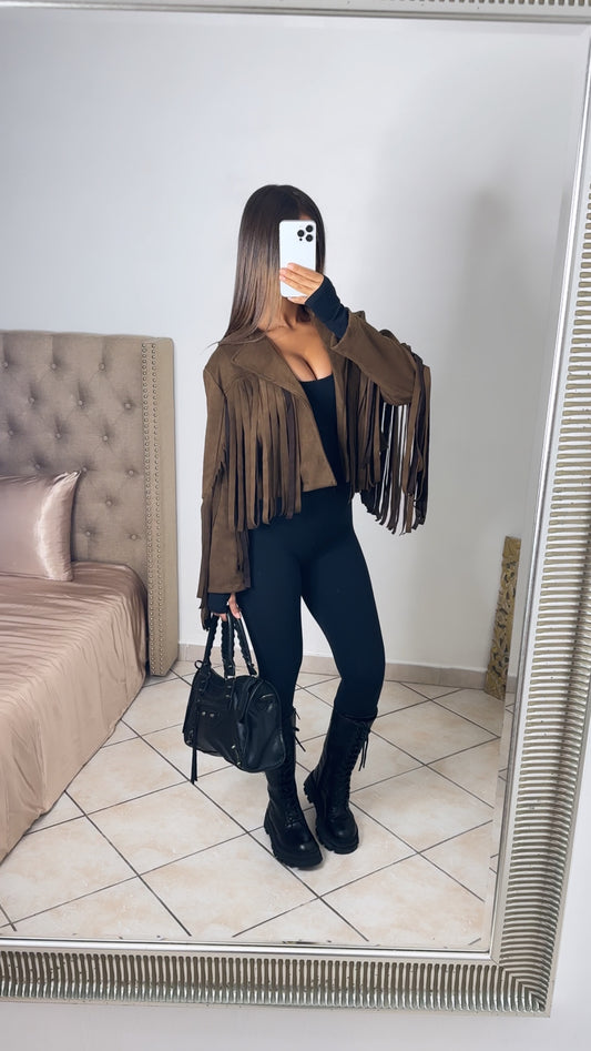 Veste courte à franges effet daim [MARRON]