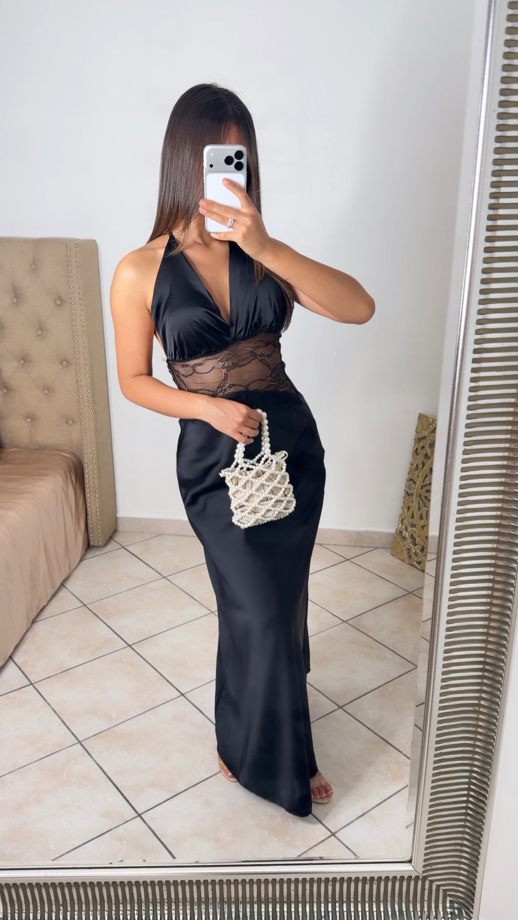 Robe longue satinée à taille en dentelle [NOIR]