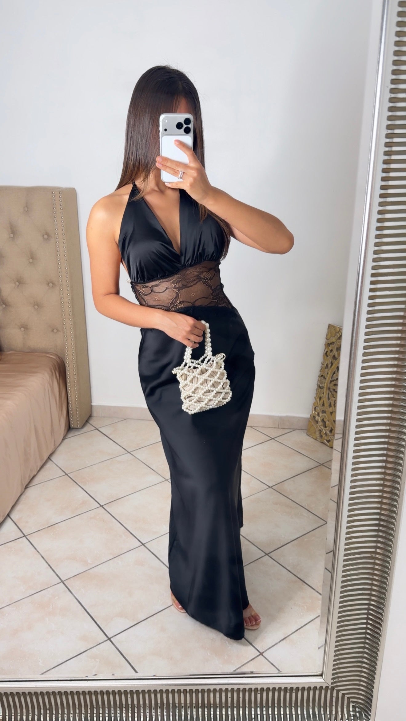 Robe longue satinée à taille en dentelle [NOIR]
