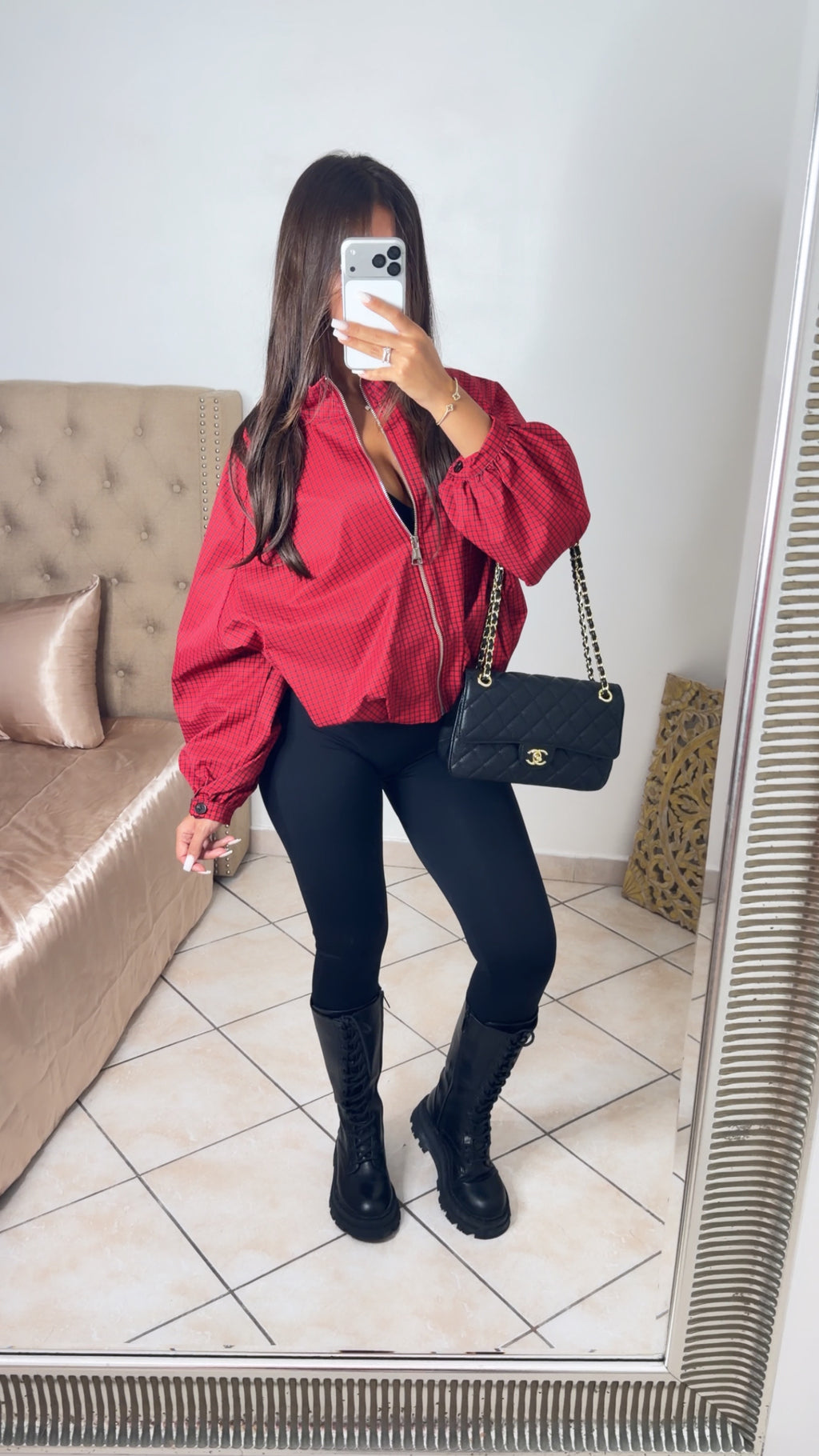 Veste bouffante à carreaux [ROUGE]