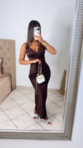 Robe longue satinée à dentelles [MARRON]
