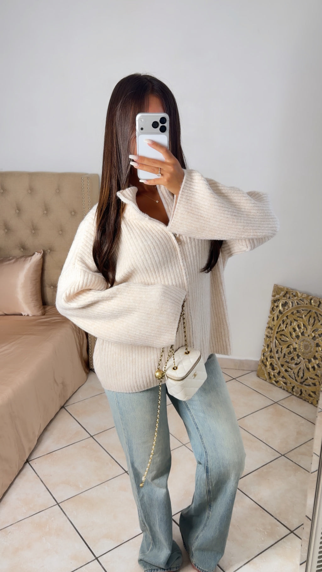 Gilet en maille col montant à zip [CREME]