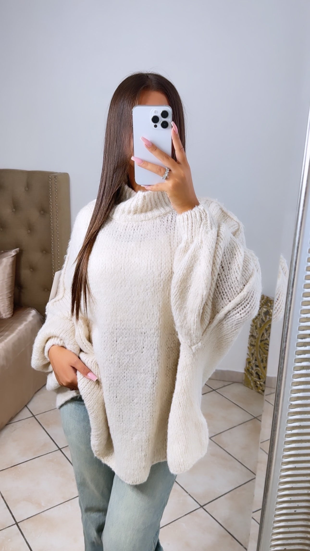 Pull long oversize en maille à col montant [CREME]