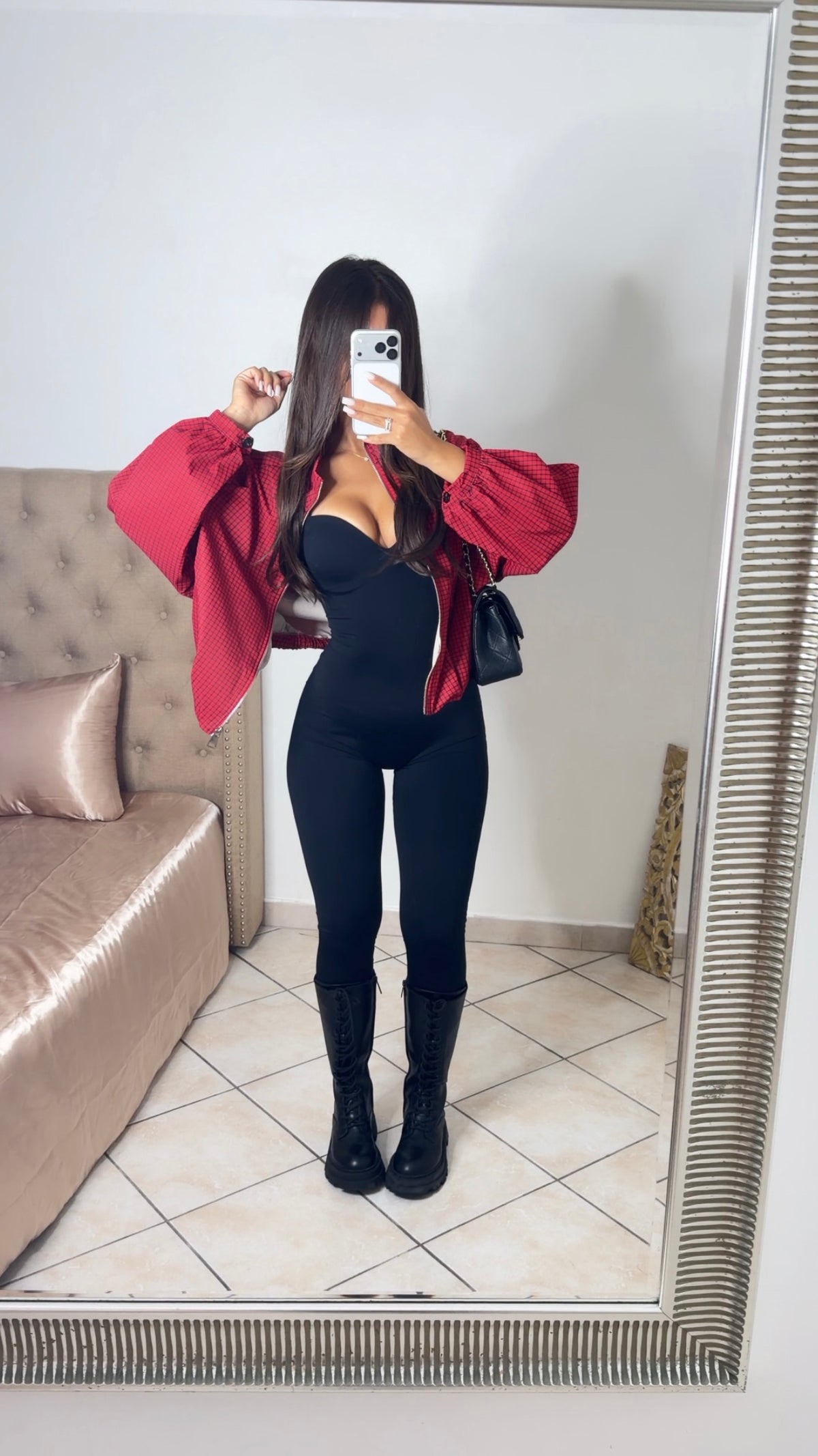Veste bouffante à carreaux [ROUGE]