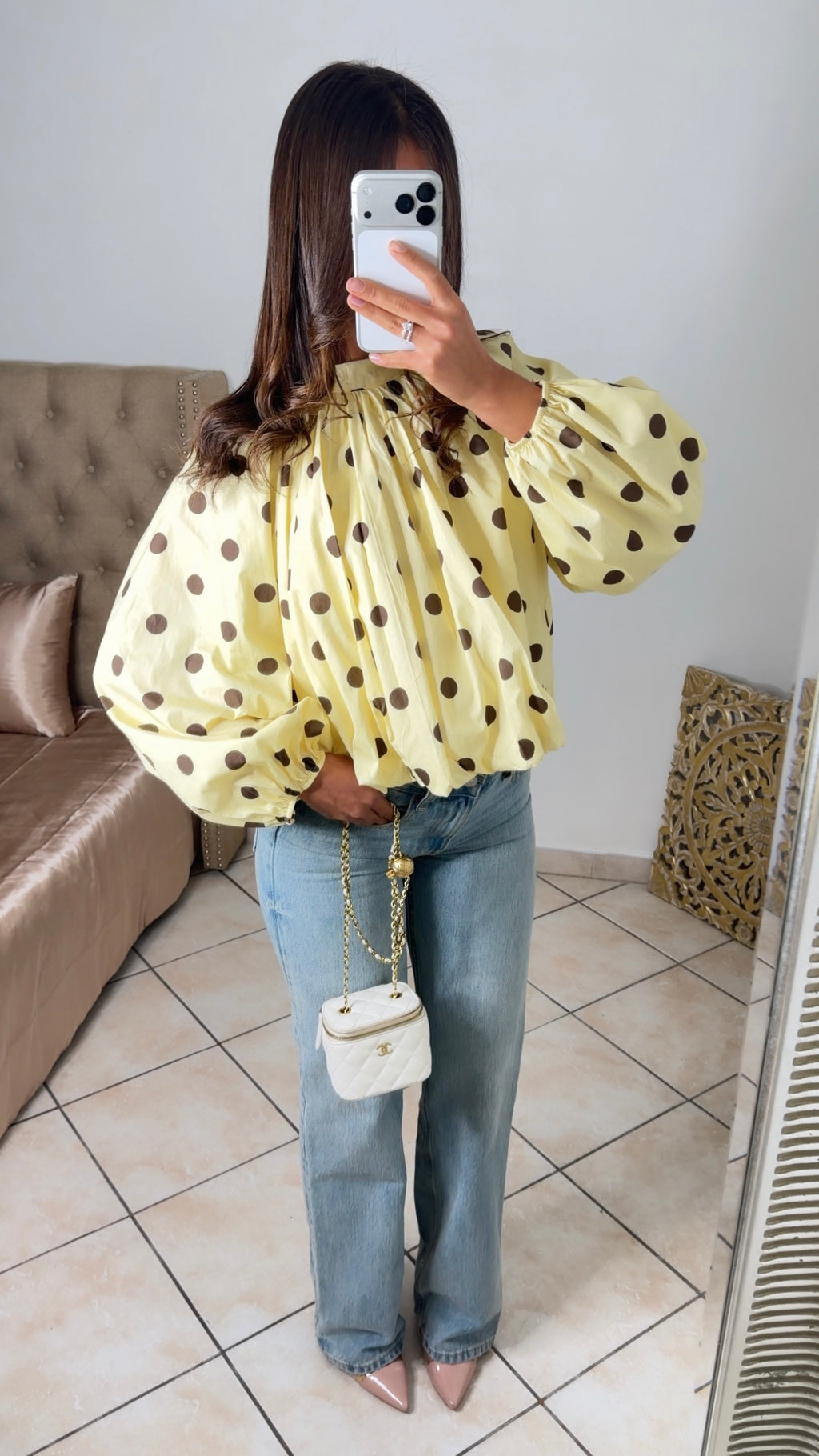 Blouse bouffante à pois à nouer au dos [JAUNE]