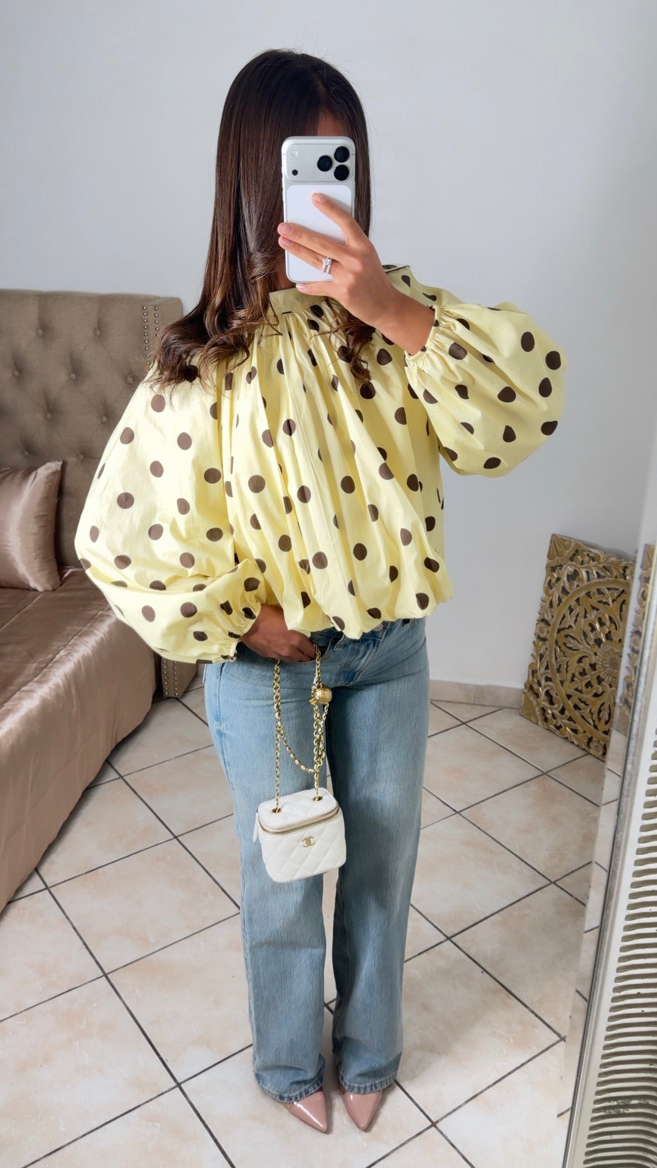 Blouse bouffante à pois à nouer au dos [JAUNE]