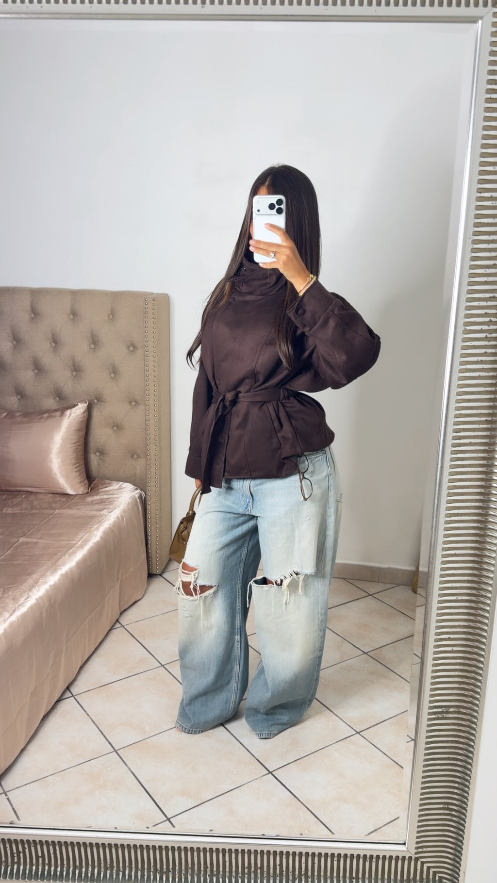 Veste en daim structurée à la taille [MARRON]