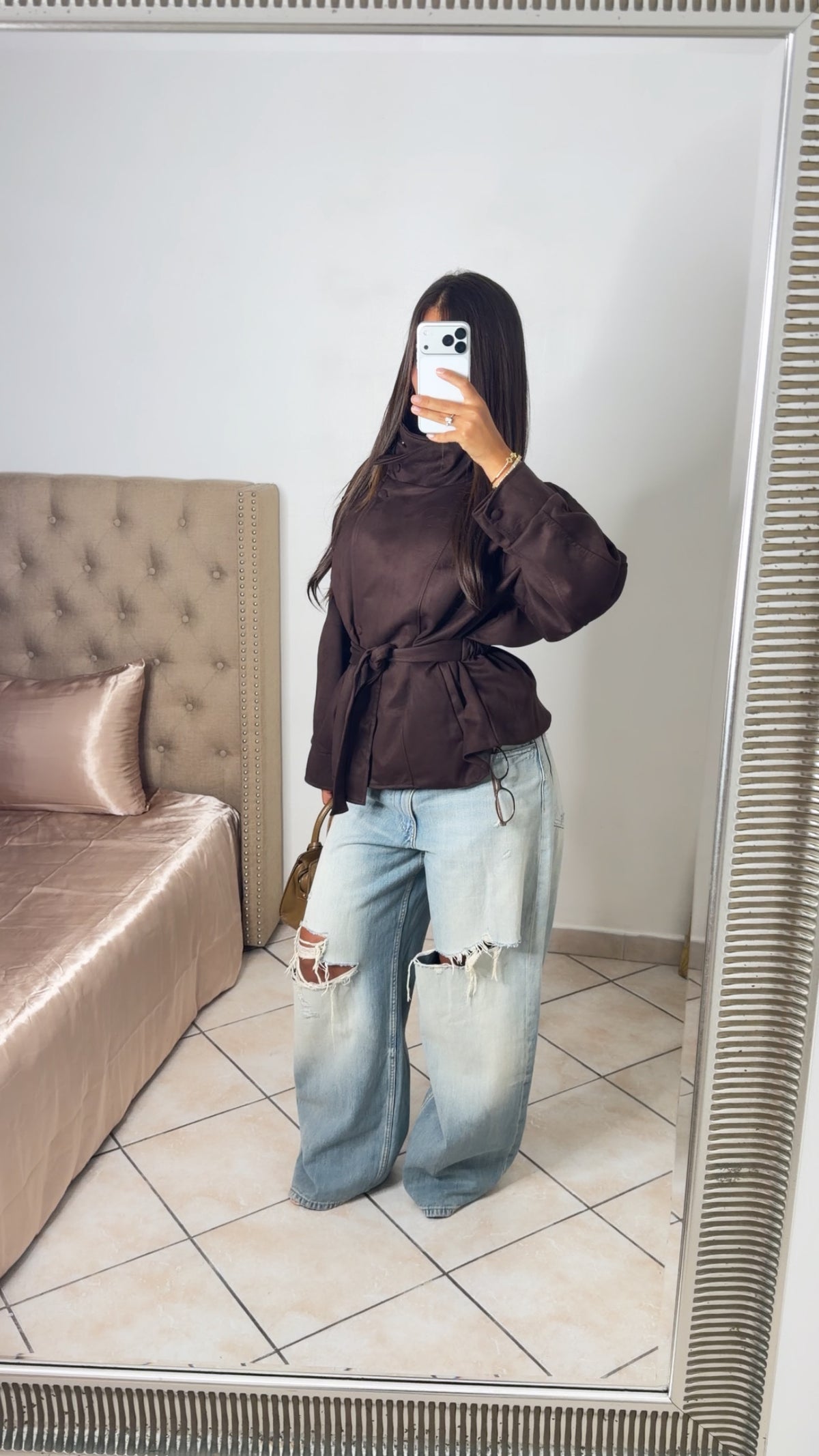 Veste en daim structurée à la taille [MARRON]