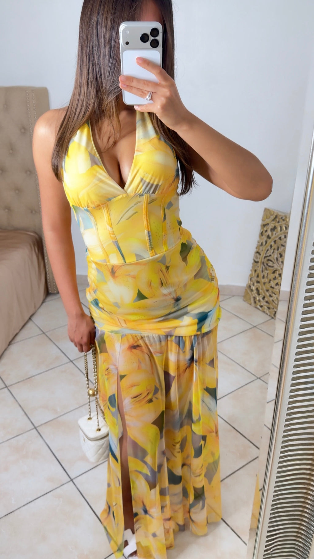 Robe longue drapée à motifs fleuris [JAUNE]