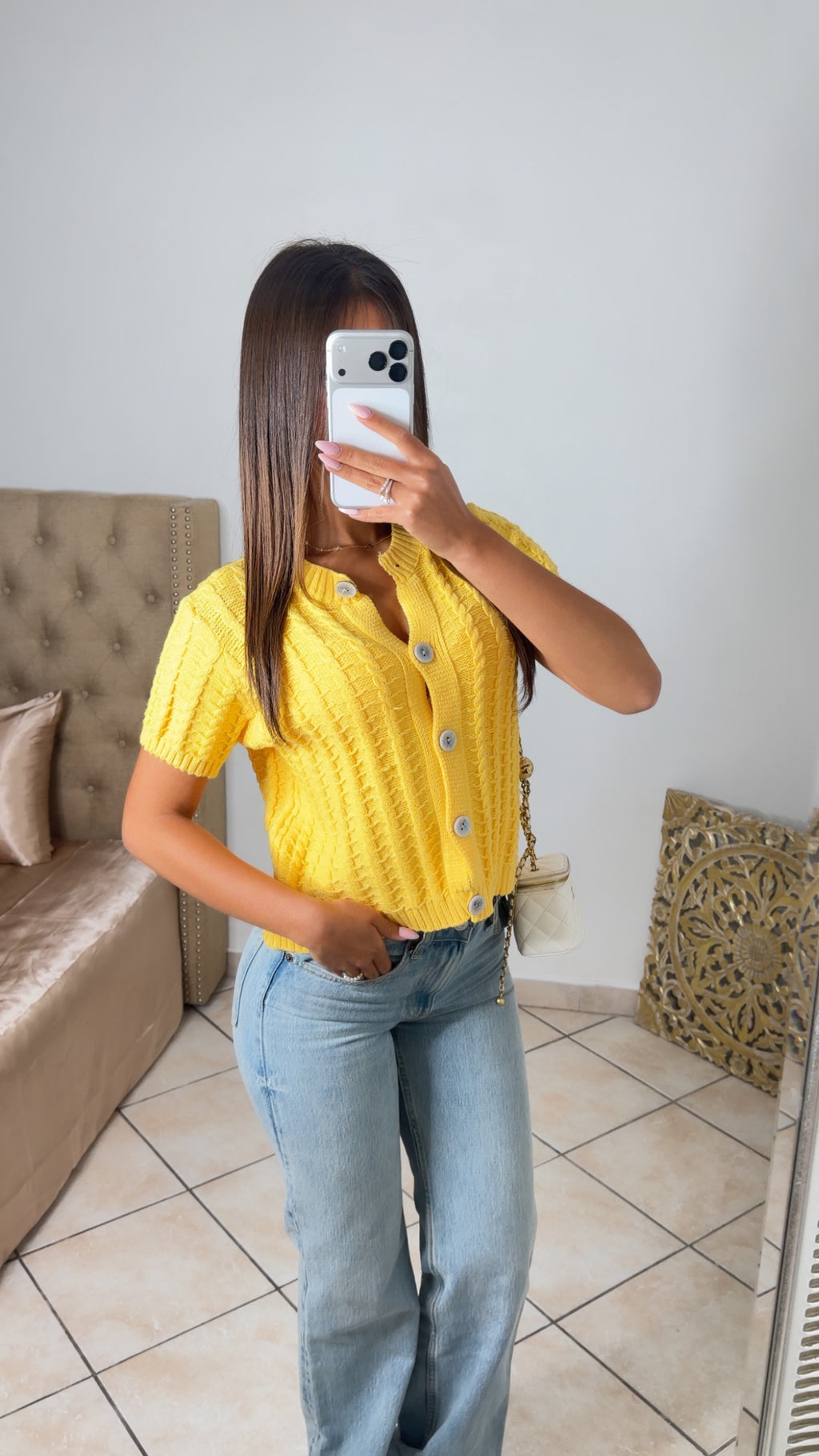 Top boutonné en maille torsadée [JAUNE]