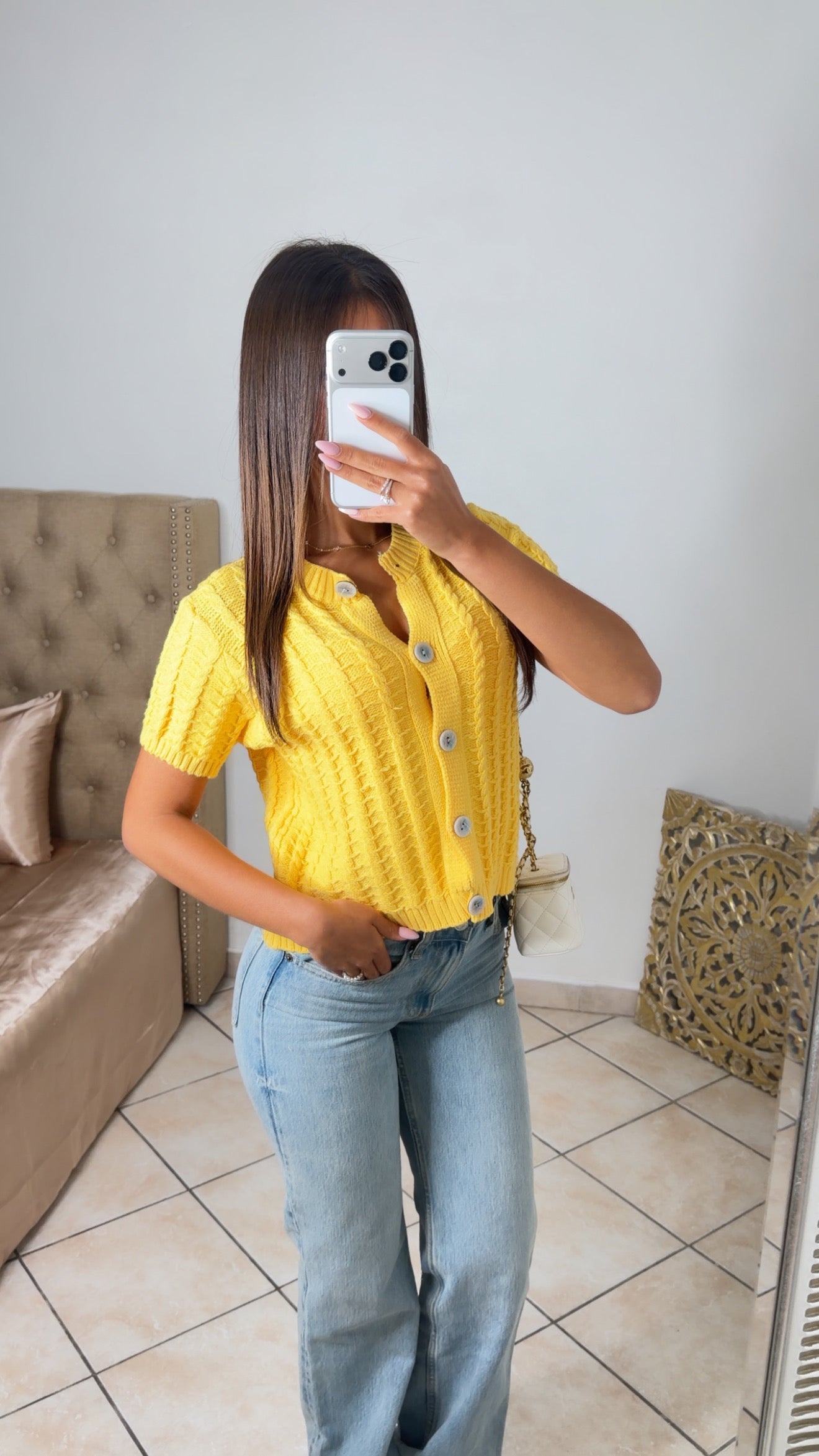 Top boutonné en maille torsadée [JAUNE]