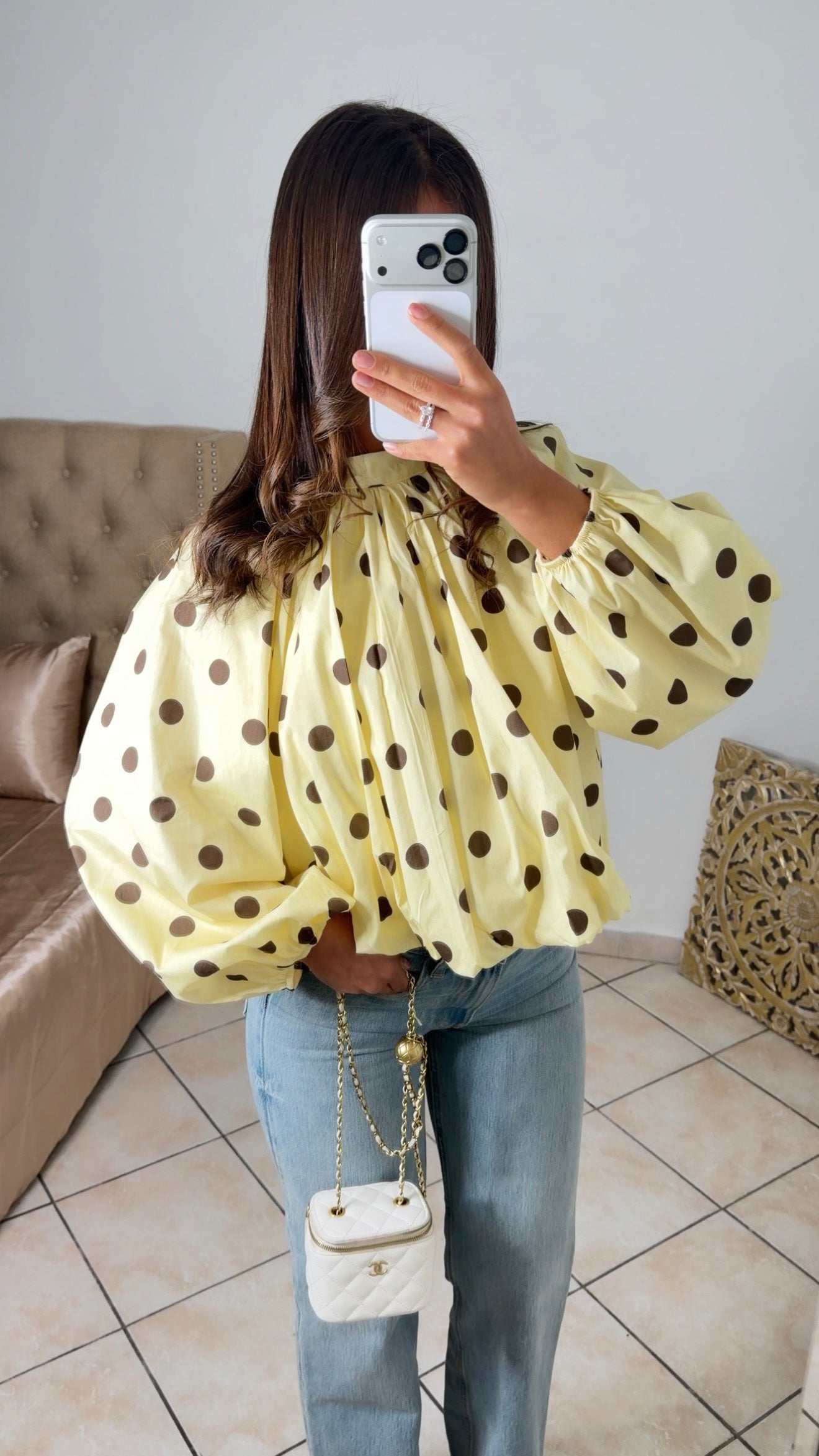 Blouse bouffante à pois à nouer au dos [JAUNE]
