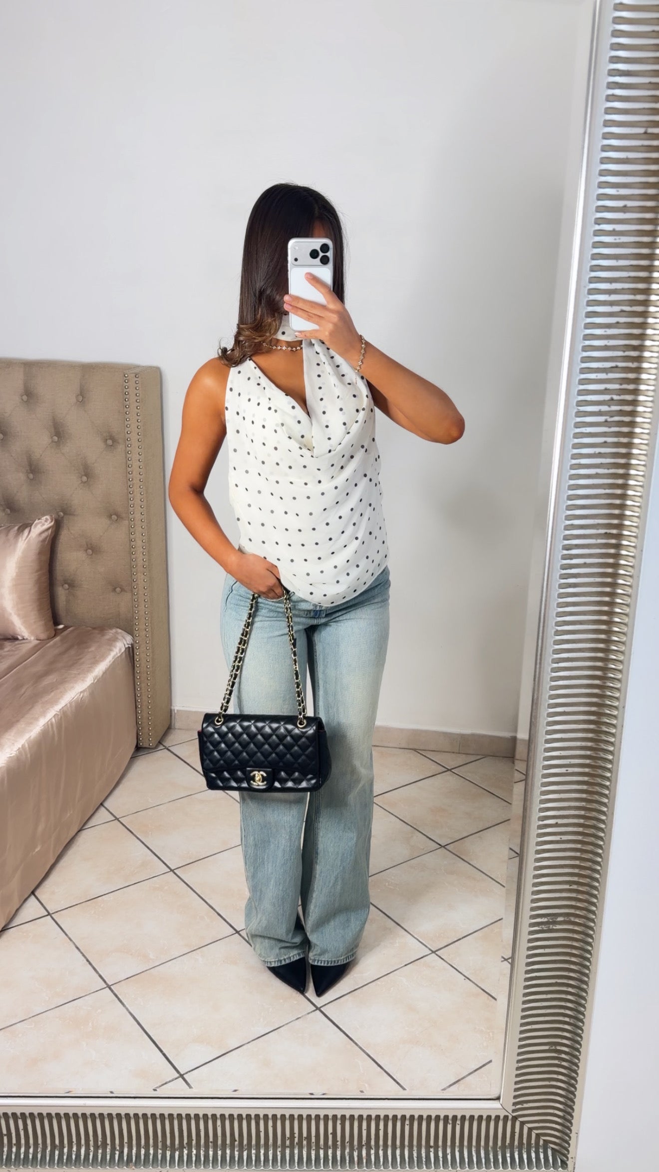 Top col bénitier dos nu avec écharpe à pois [BLANC]