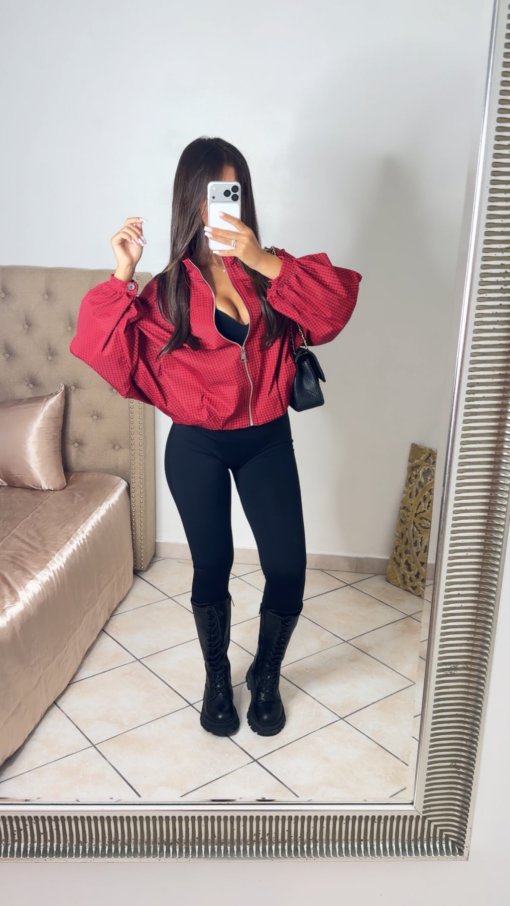 Veste bouffante à carreaux [ROUGE]