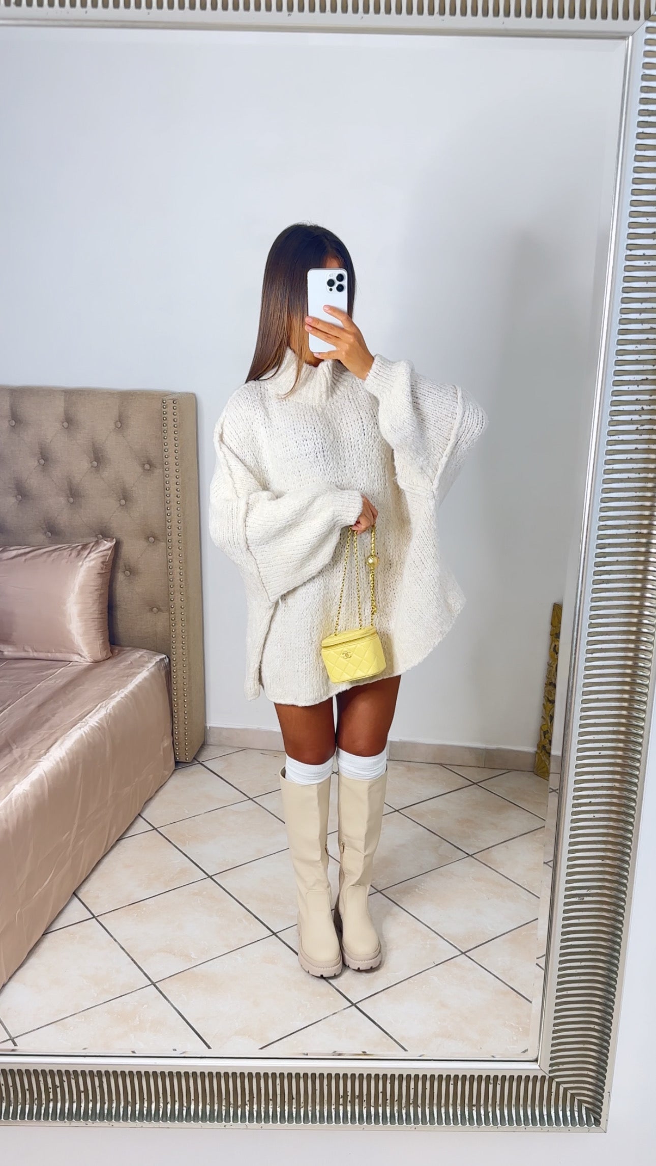 Pull long oversize en maille à col montant [CREME]