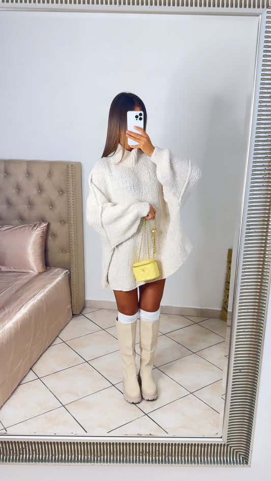 Pull long oversize en maille à col montant [CREME]