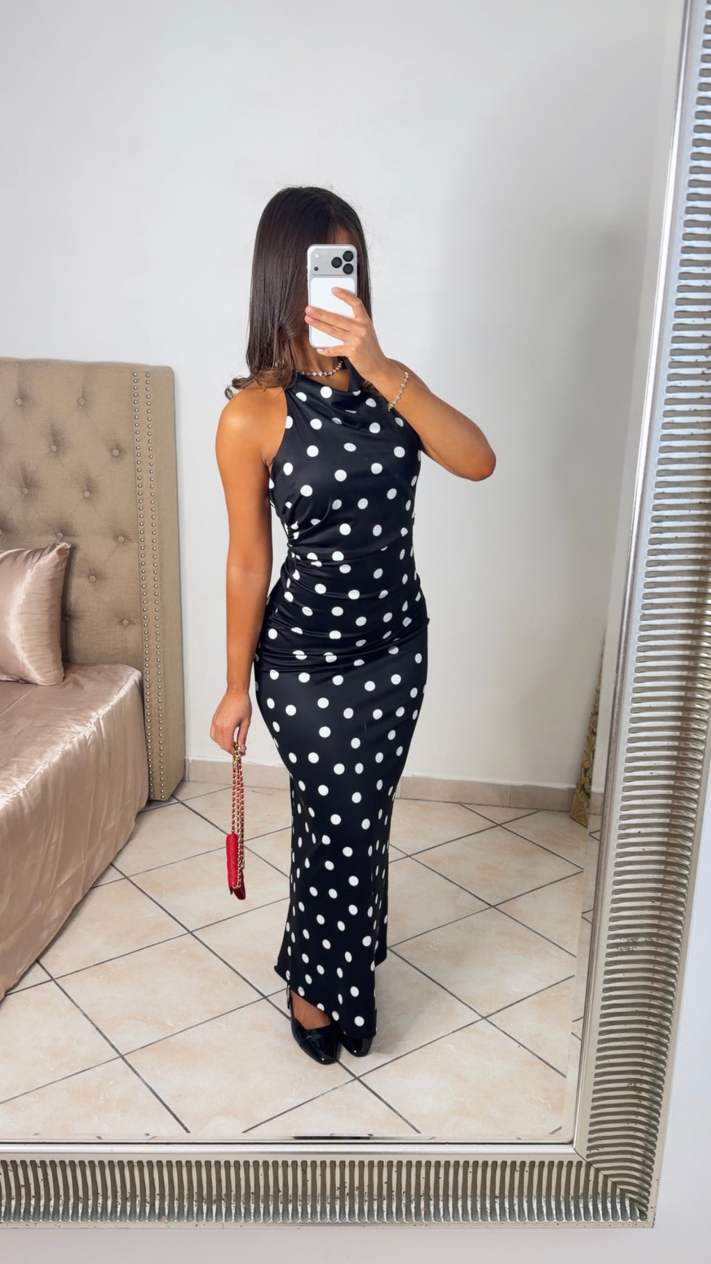 Robe longue dos nu à pois [NOIR]