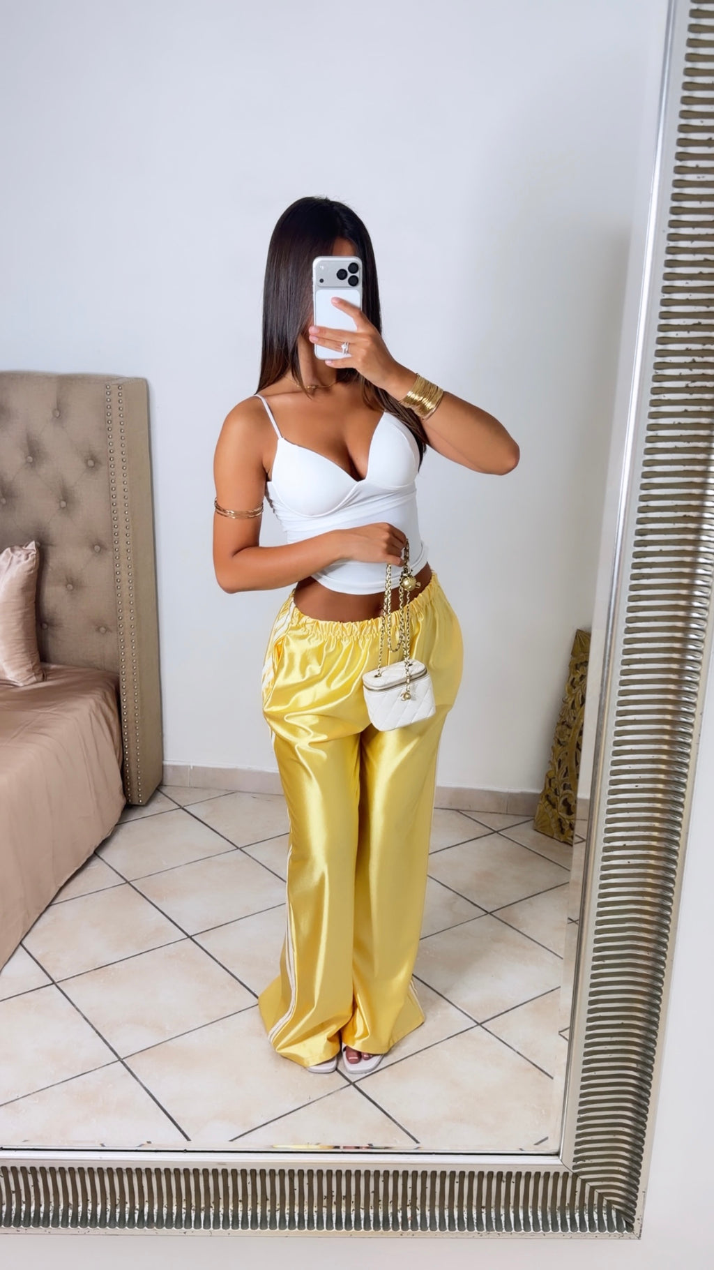 Pantalon satiné à bandes [JAUNE]