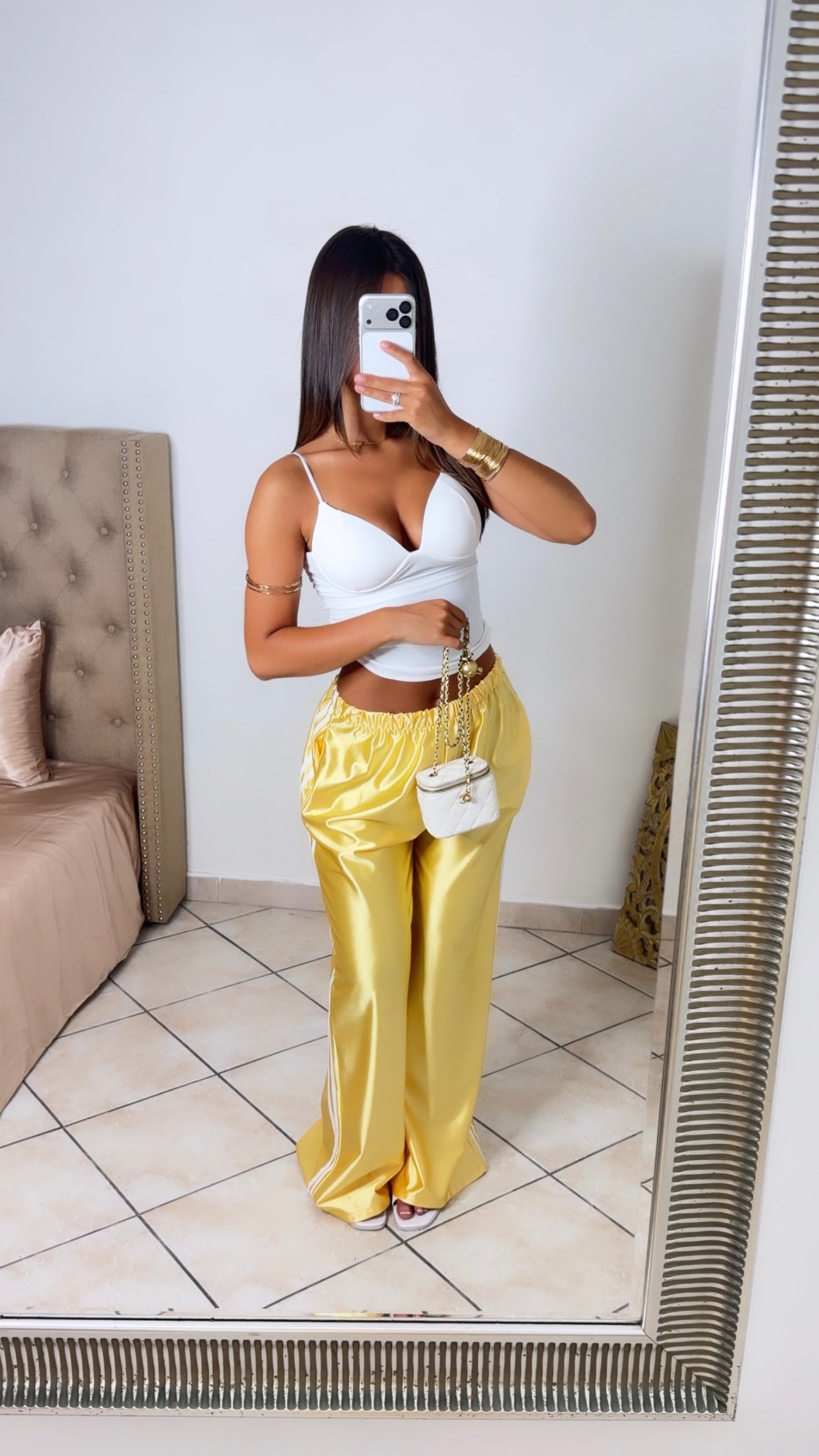 Pantalon satiné à bandes [JAUNE]
