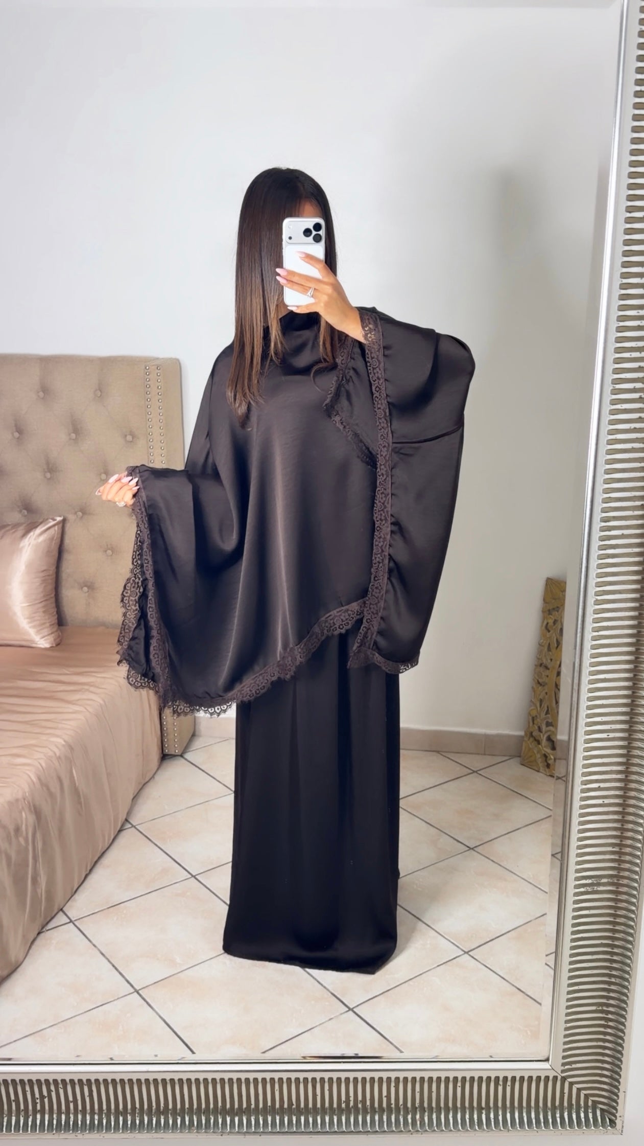 Ensemble jupe satiné à dentelle [MARRON]