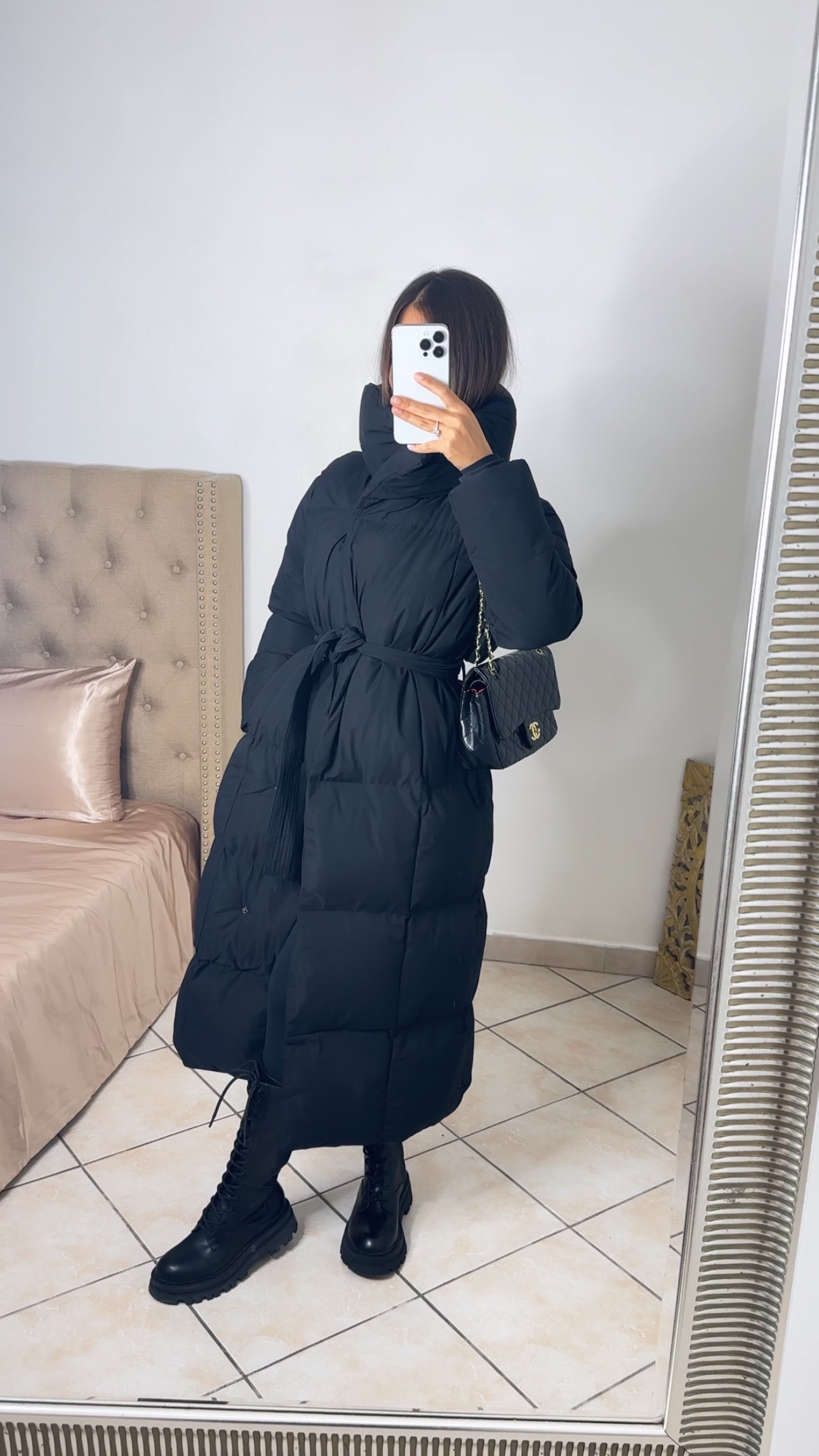 Doudoune longue à ceinture [NOIR] #FC7516