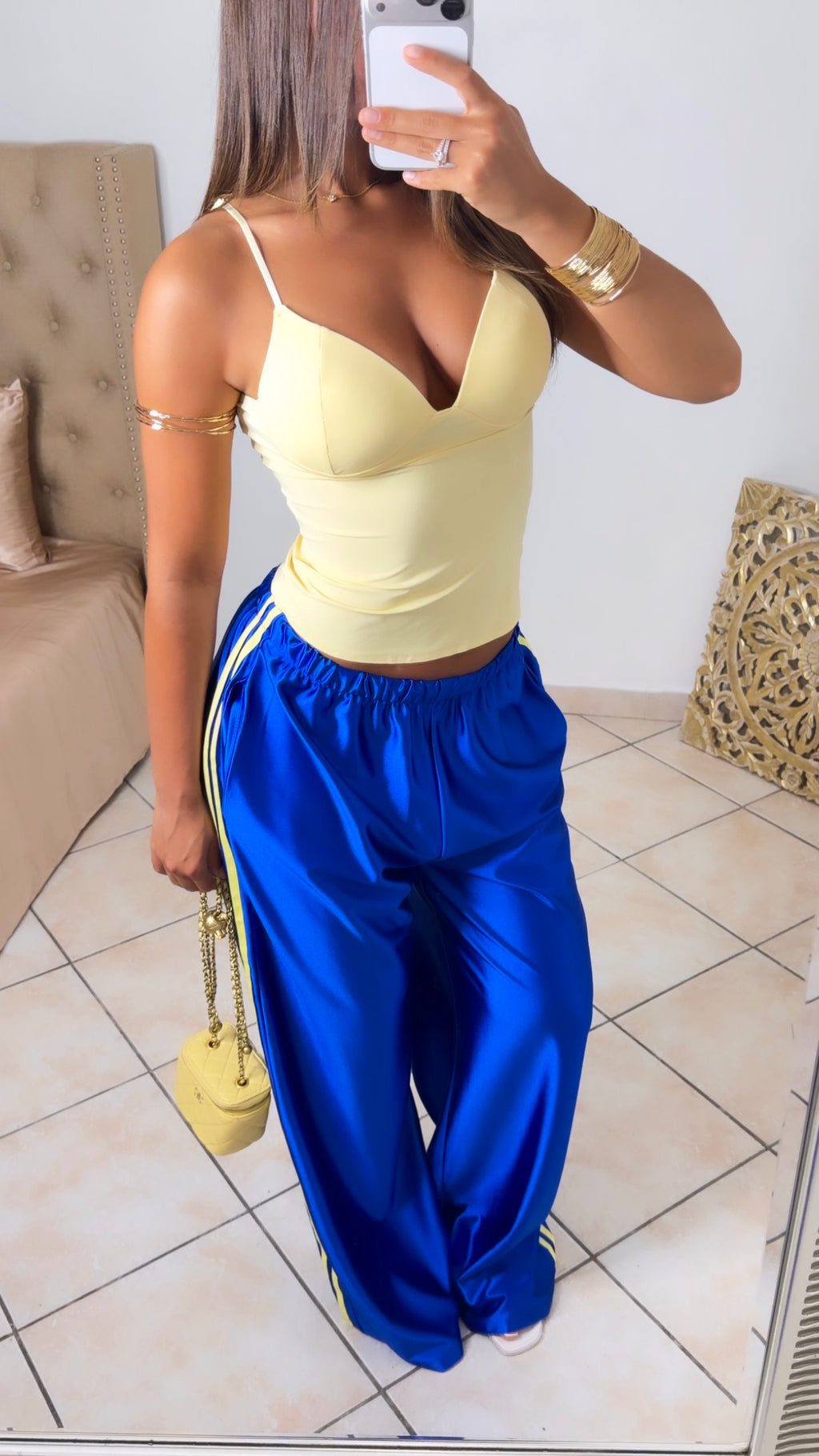 Pantalon satiné à bandes [BLEU]