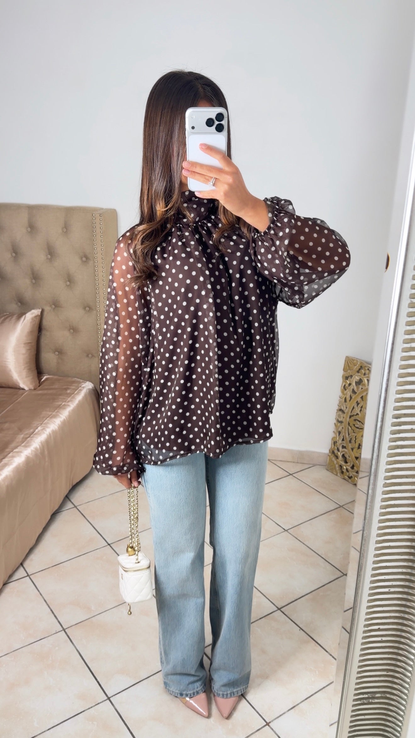 Blouse transparente à pois [MARRON]