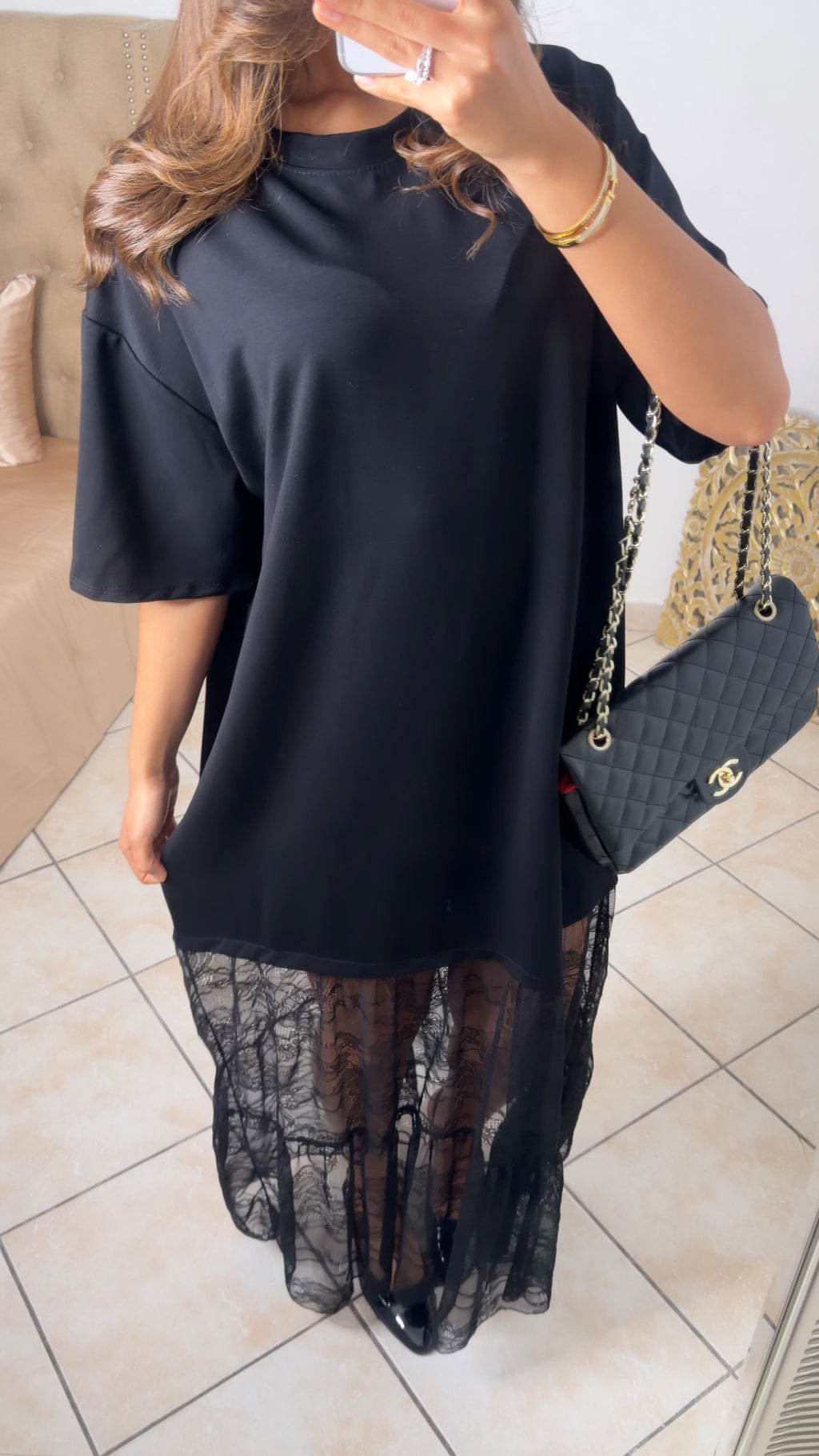 Robe t-shirt bimatière dentelle [NOIR]