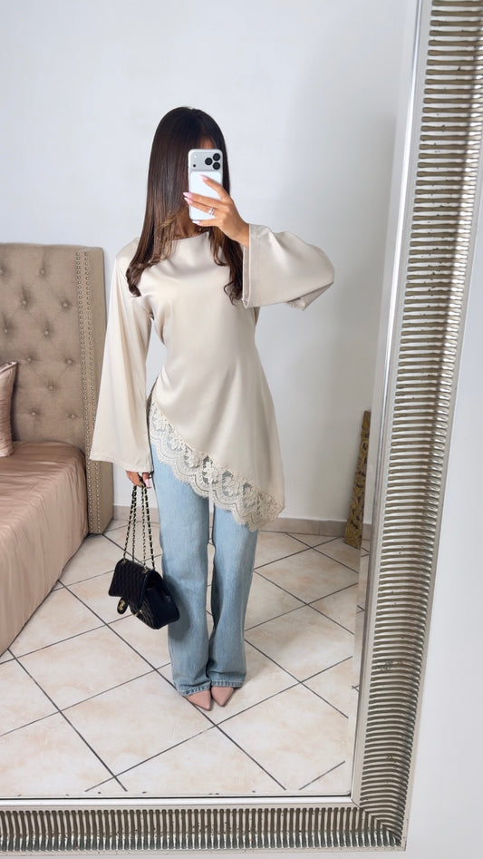 Top long asymétrique à cintré satiné à dentelle [MARRON]