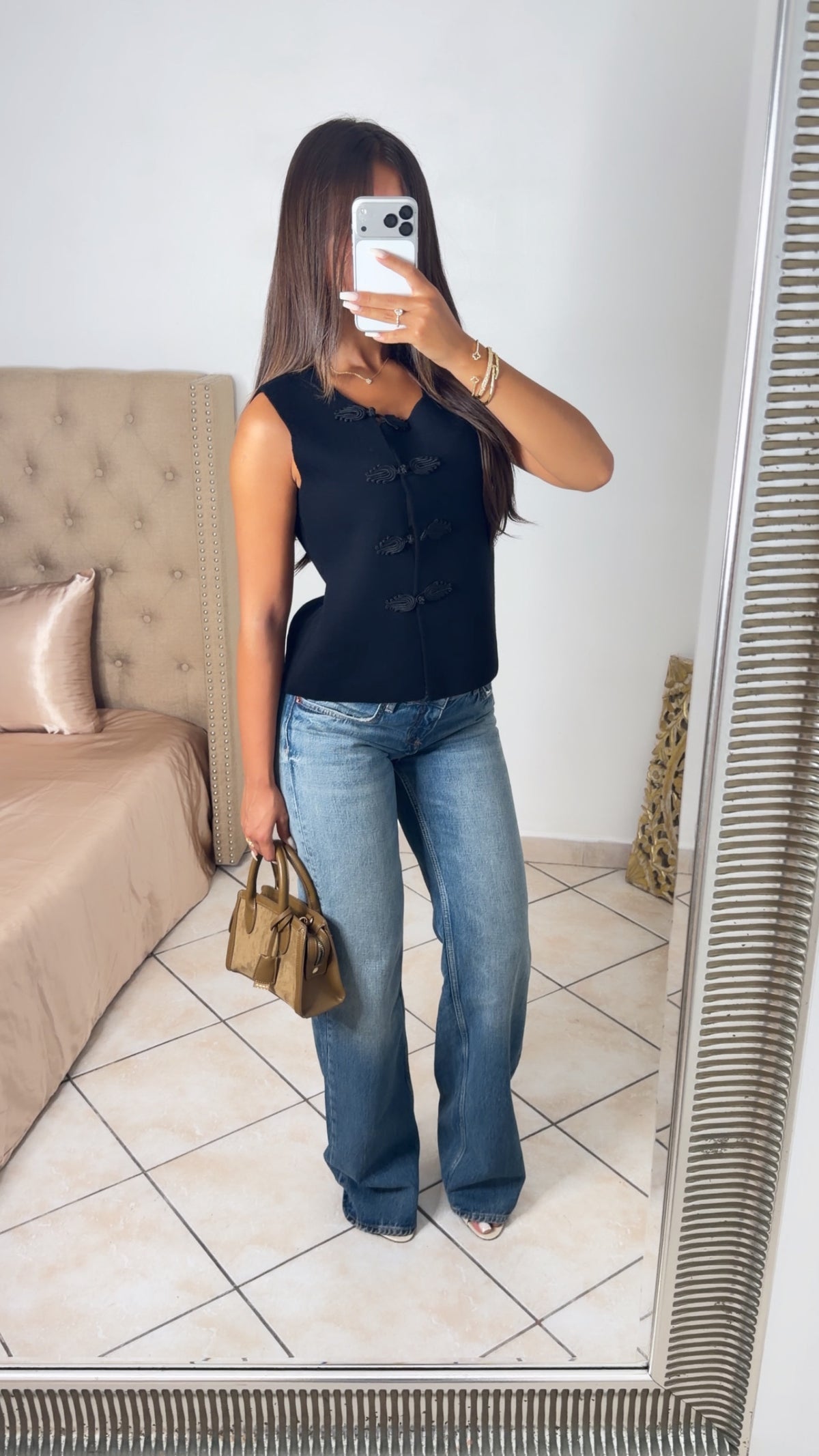 Top en maille sans manches à boutons style asiatique [NOIR]