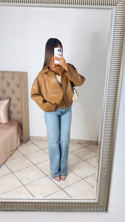 Veste bomber oversize en similicuir [CAMEL]