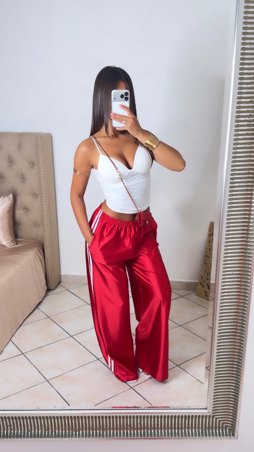 Pantalon satiné à bandes [ROUGE]