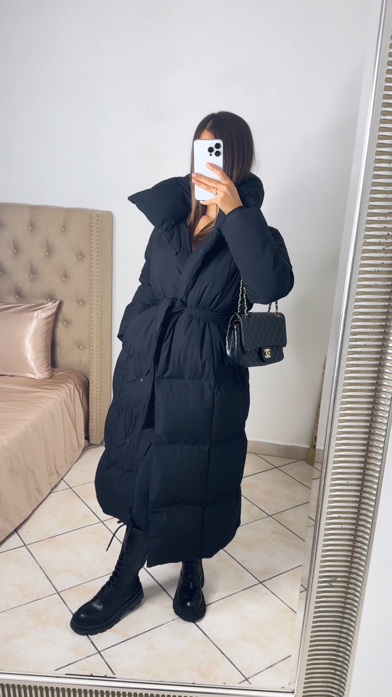 Doudoune longue à ceinture [NOIR] #FC7516