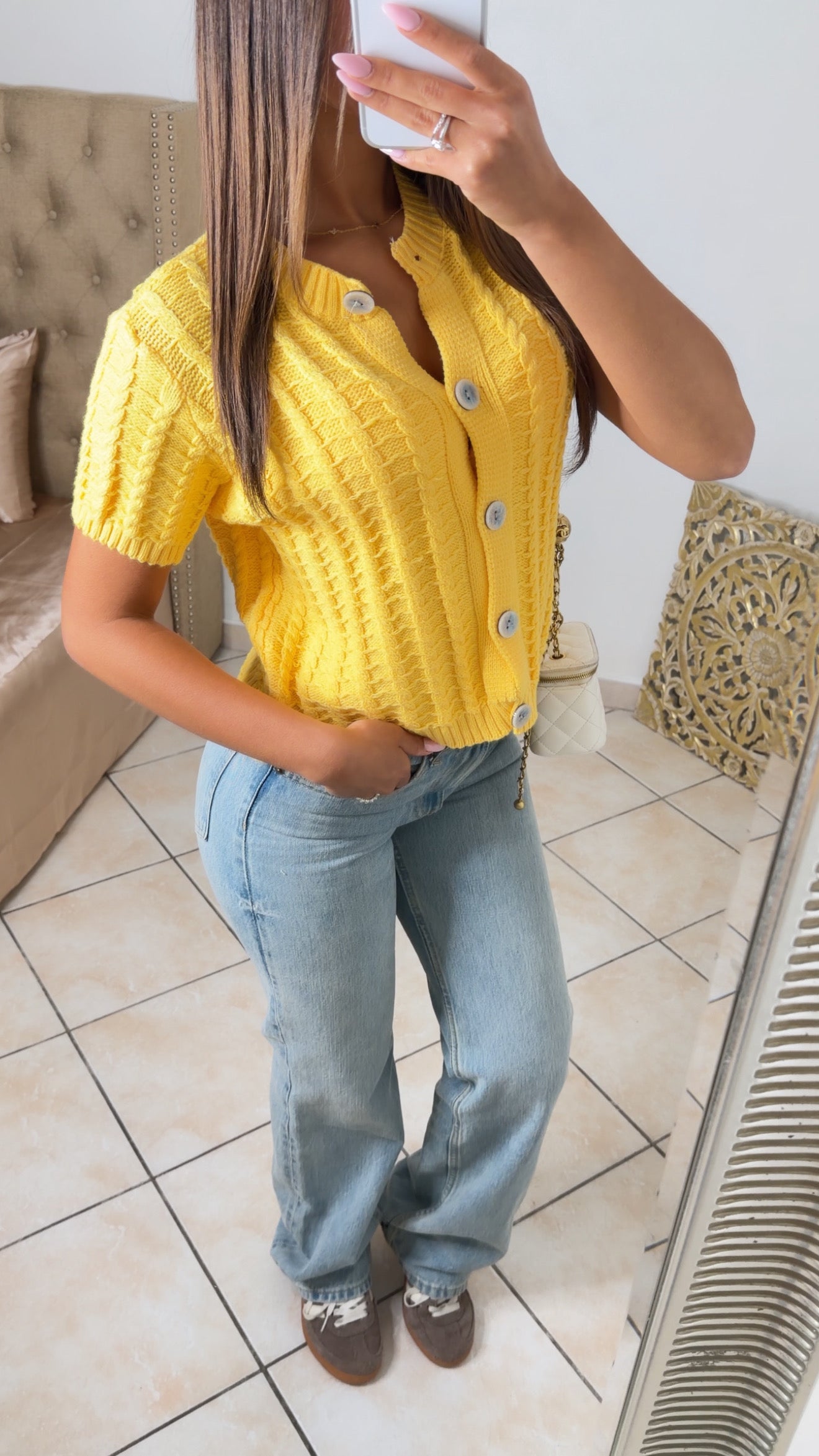 Top boutonné en maille torsadée [JAUNE]