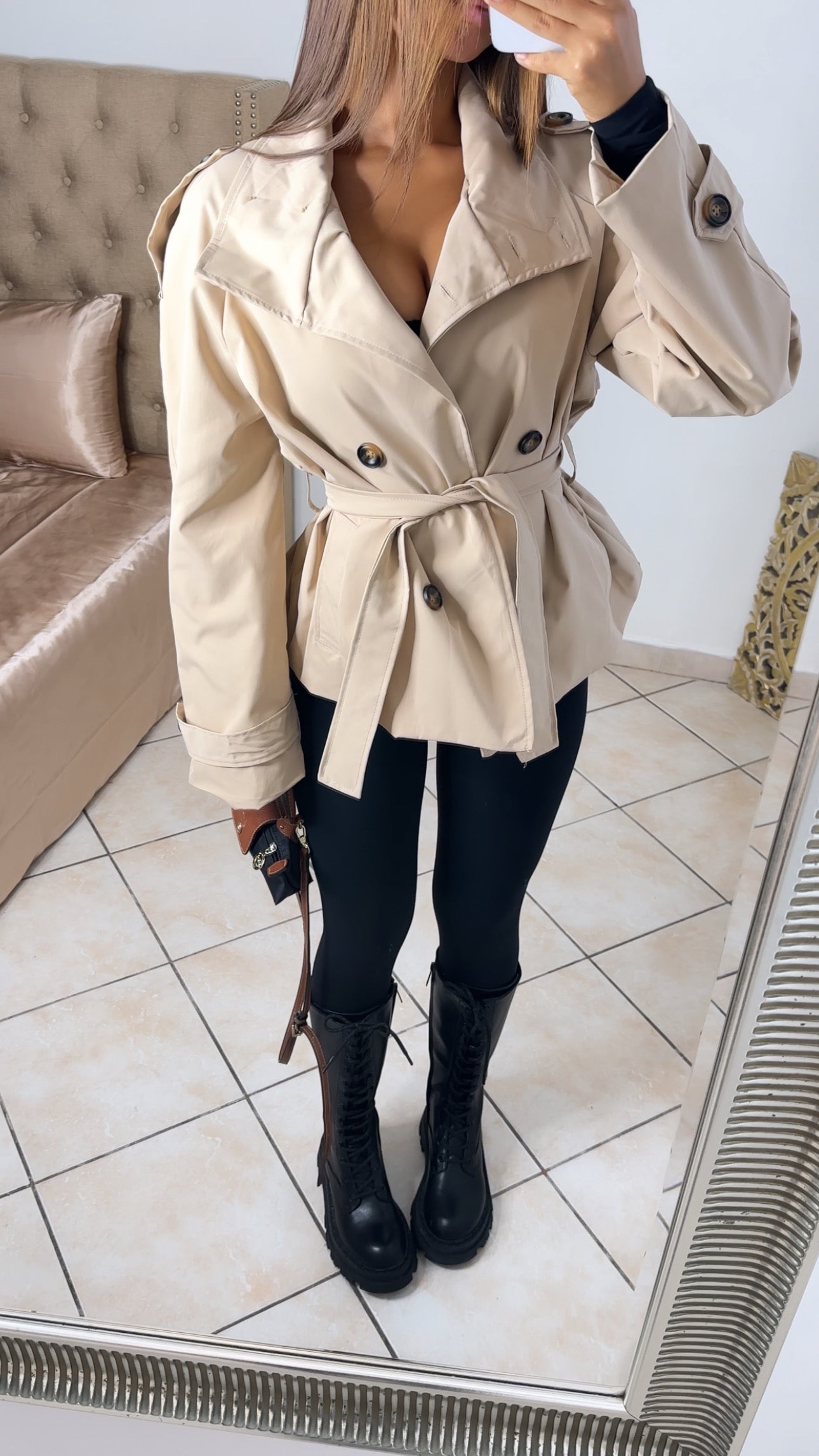 Trench col montant à ceinture [BEIGE]