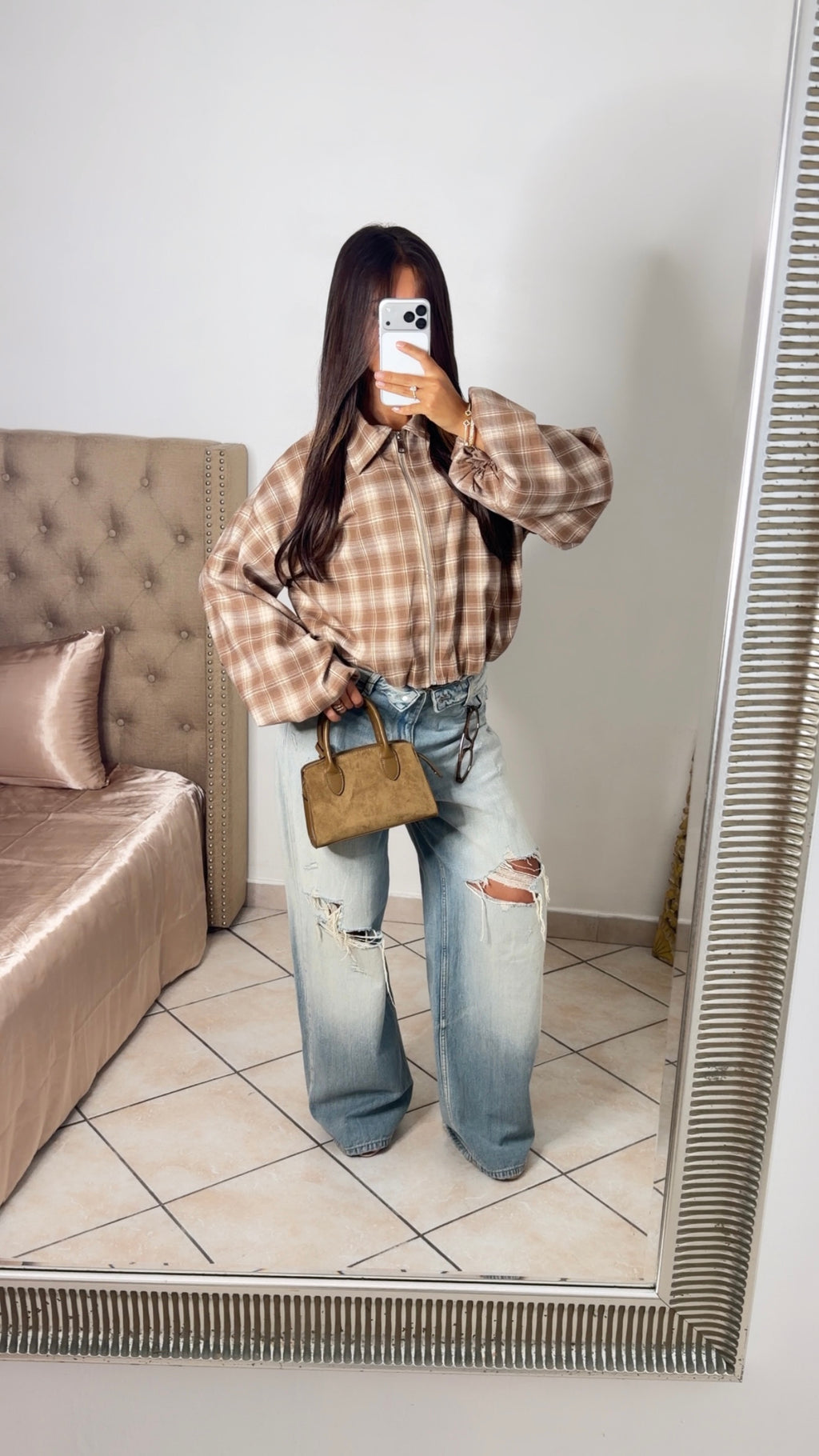 Veste bomber à carreaux manches ballons [BEIGE]