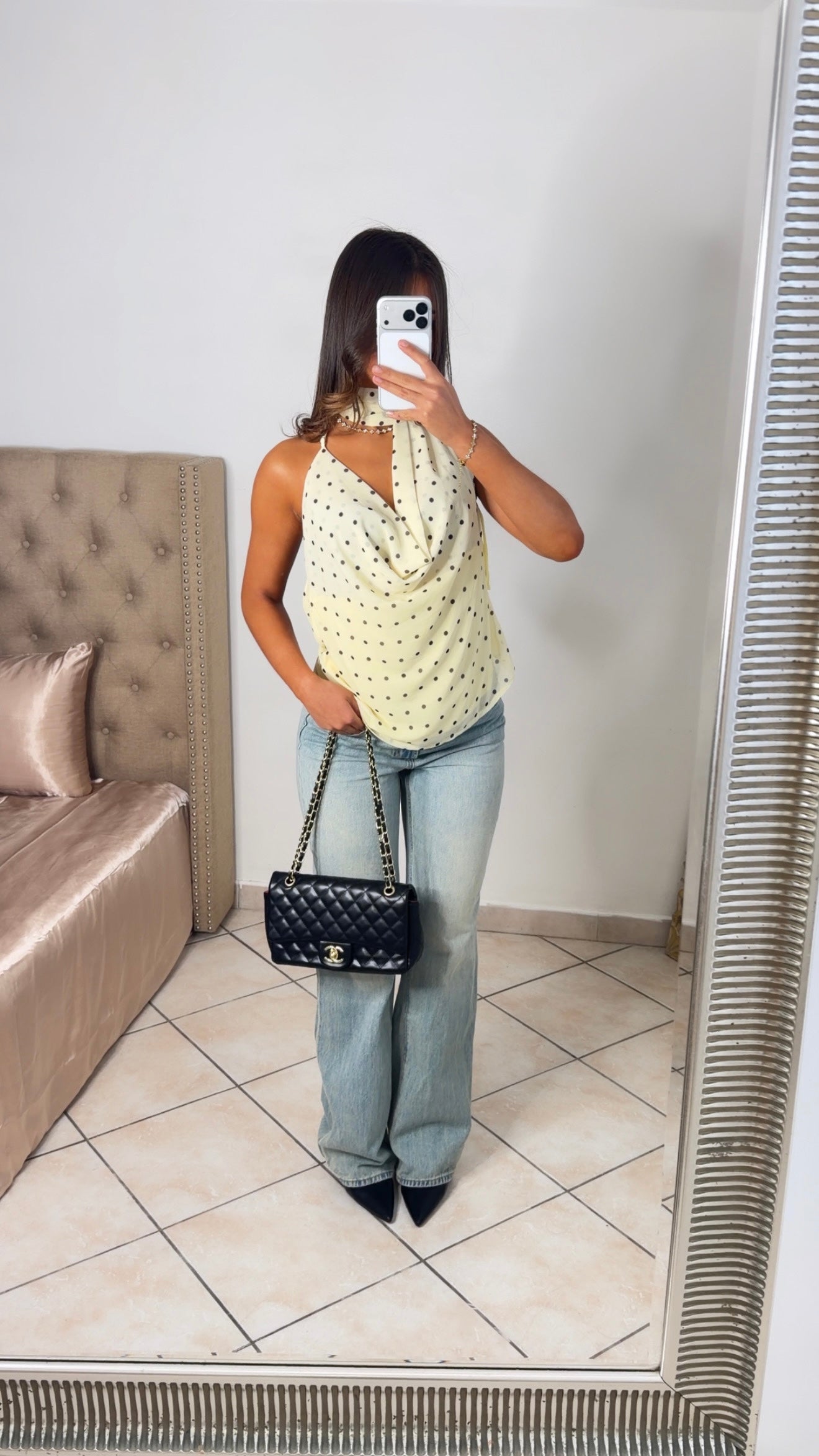 Top col bénitier dos nu avec écharpe à pois [JAUNE]