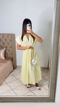 Robe popeline col V à ceinture [JAUNE]