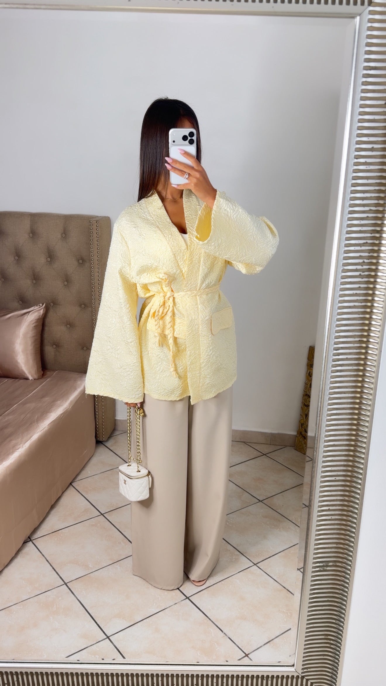 Kimono brocard à ceinture [JAUNE]