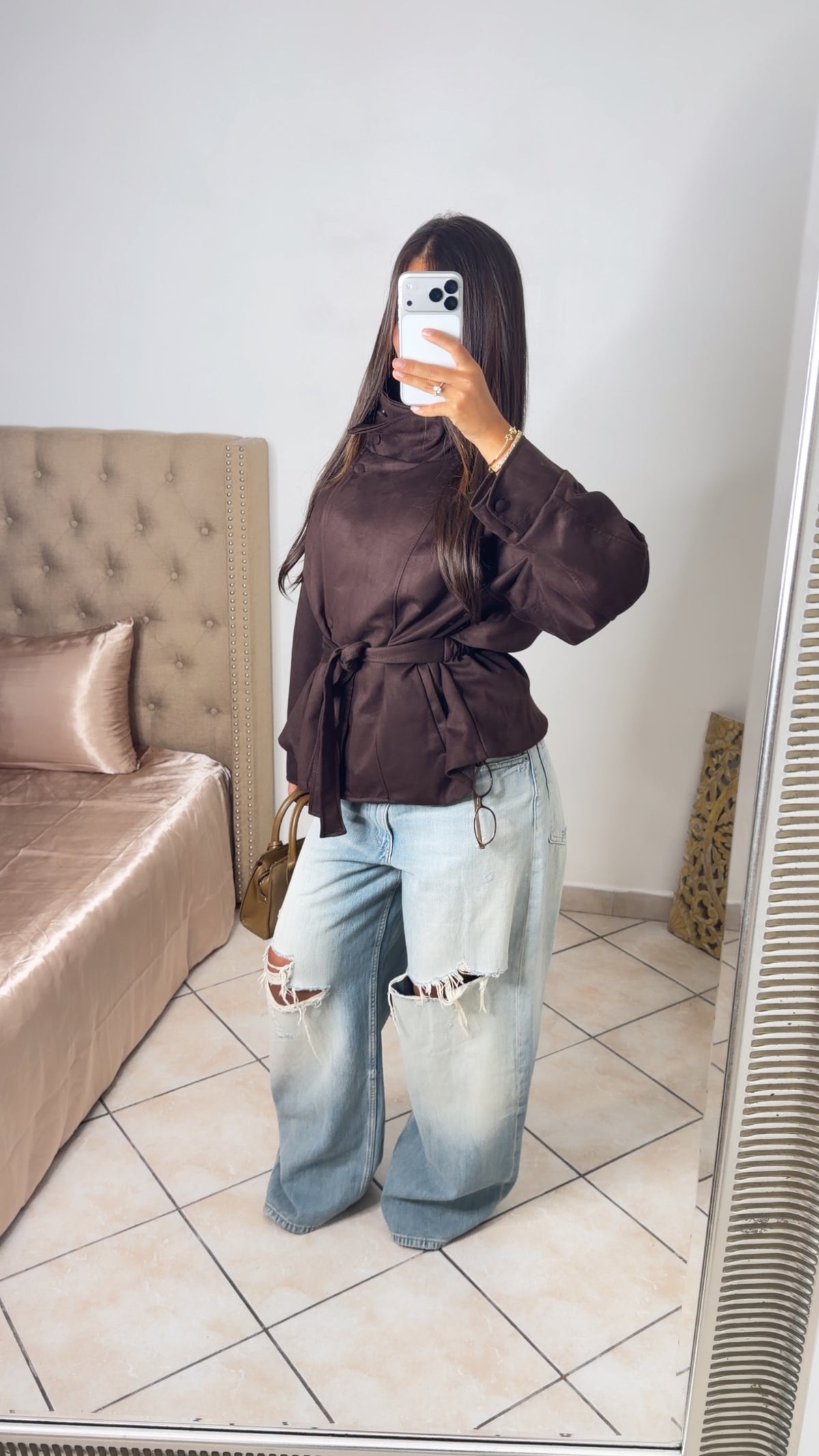 Veste en daim structurée à la taille [MARRON]
