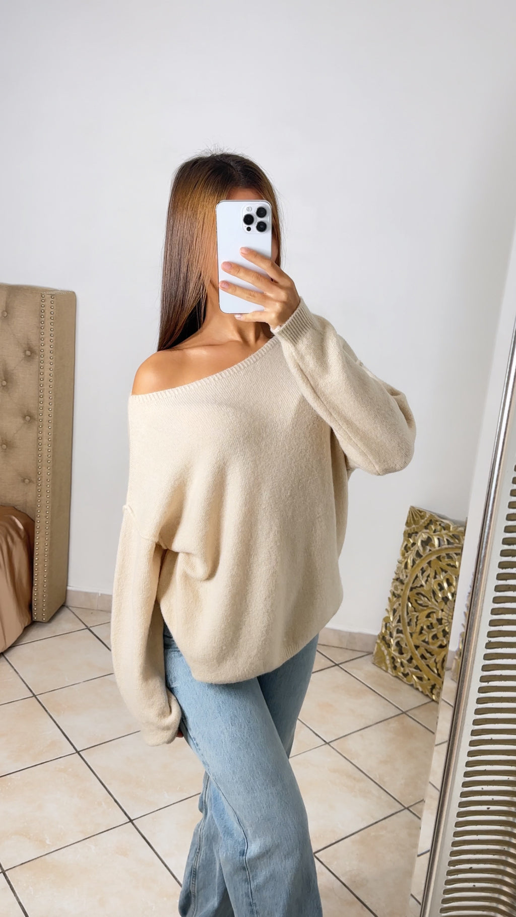 Pull asymétrique en laine [BEIGE]