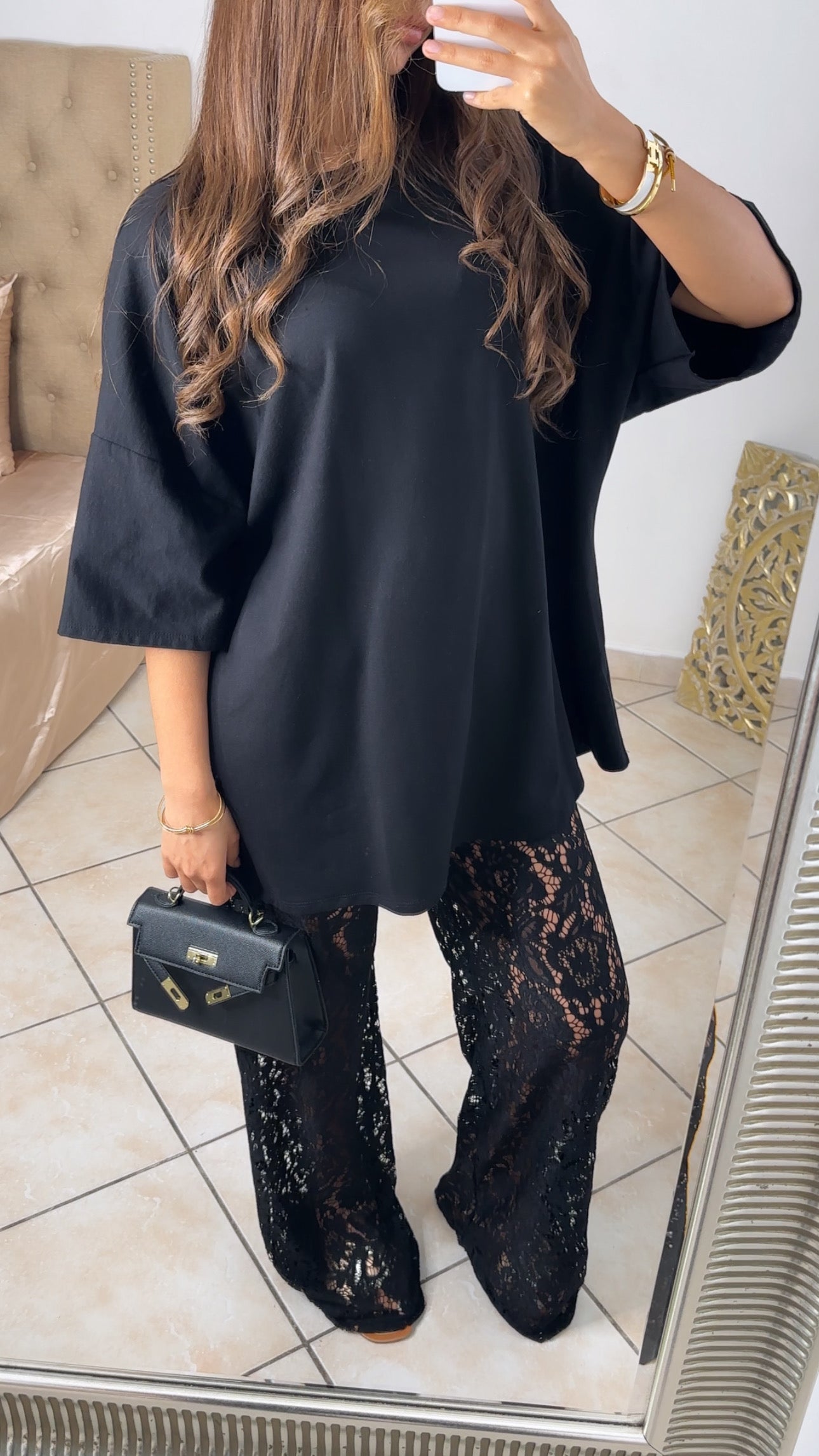 Ensemble t-shirt oversize et pantalon dentelle [NOIR]
