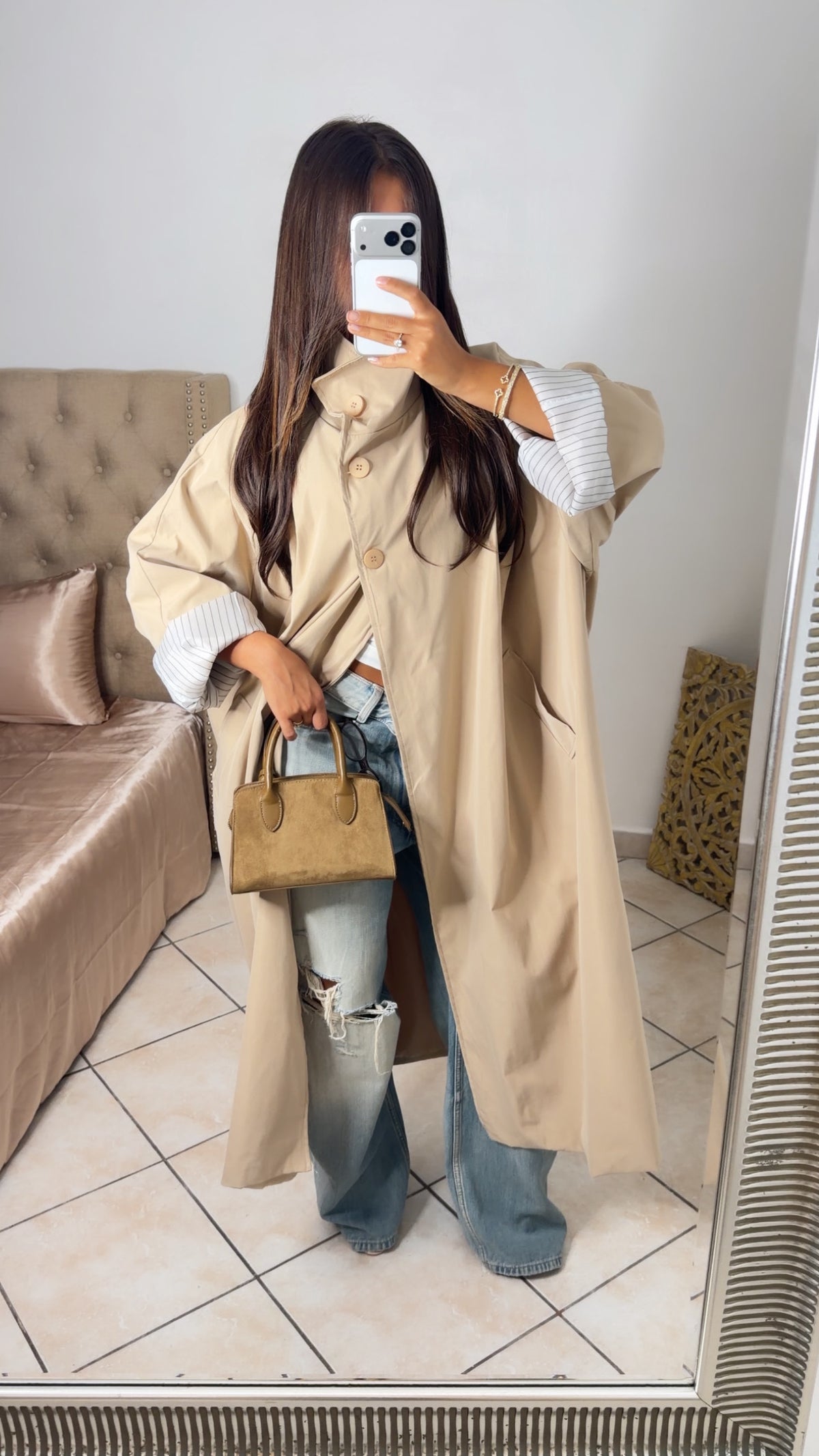 Trench oversize long à revers rayés [BEIGE]