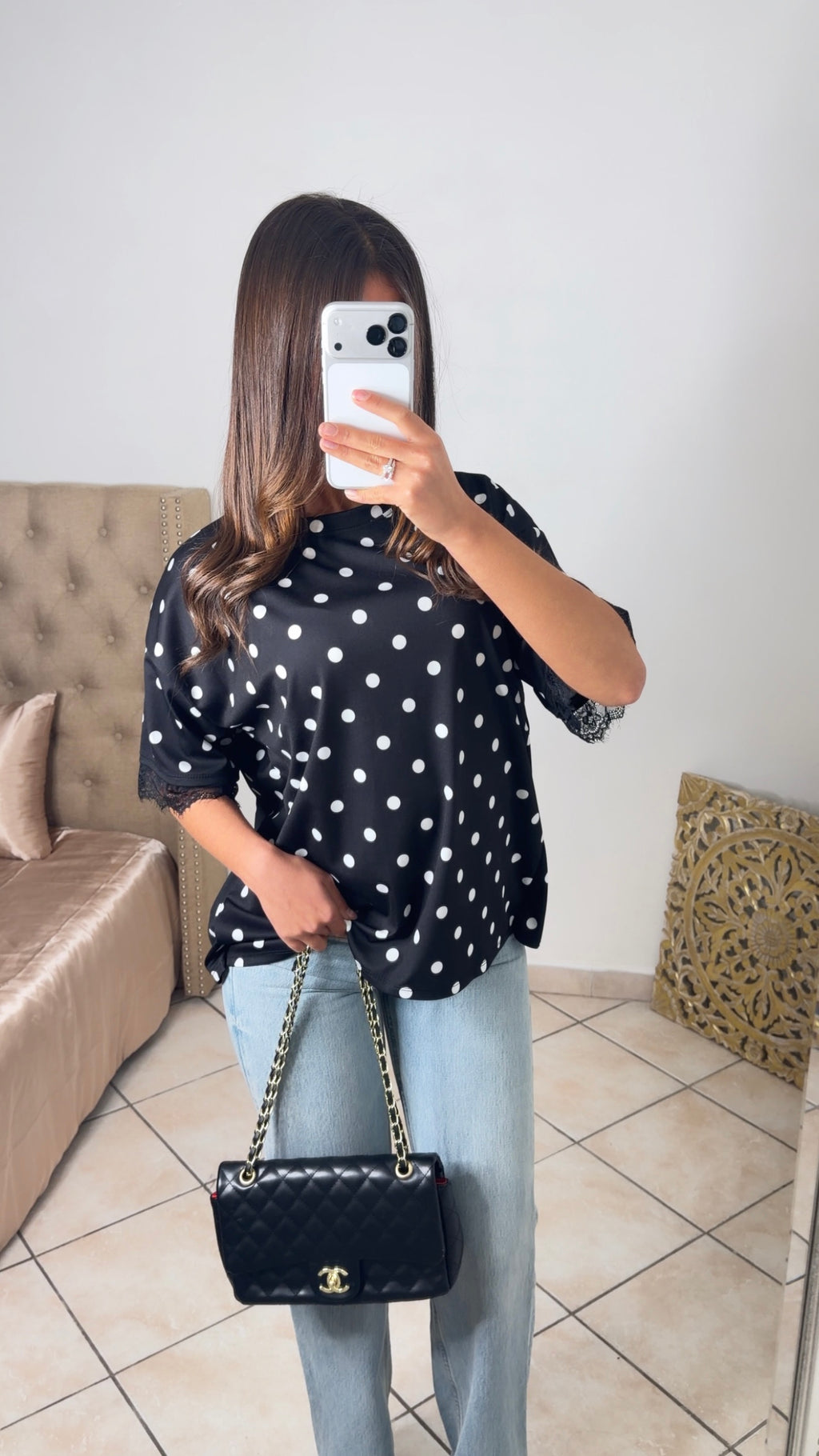 T-shirt dos en dentelle à pois [NOIR]
