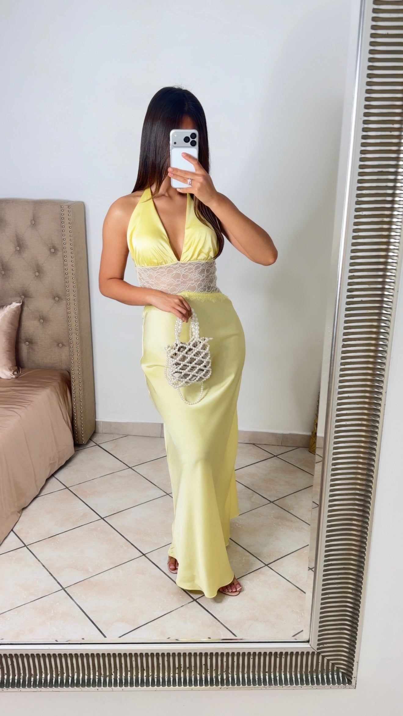Robe longue satinée à taille en dentelle [JAUNE]