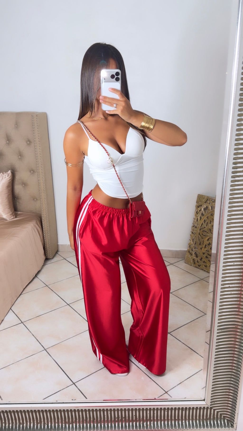 Pantalon satiné à bandes [ROUGE]
