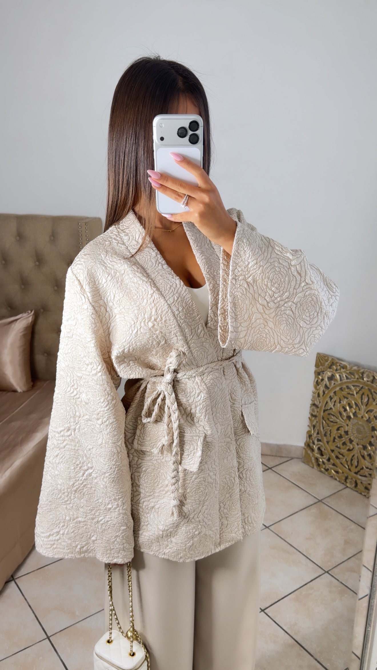Kimono brocard à ceinture [BEIGE]