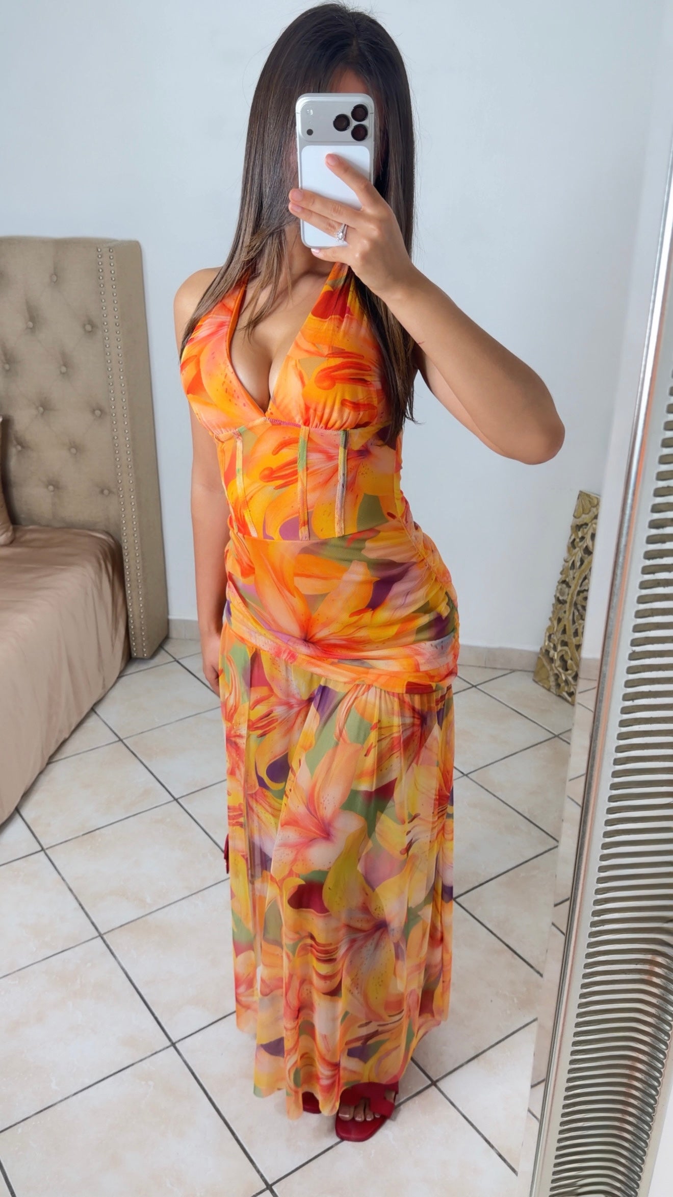 Robe longue drapée à motifs fleuris [ORANGE]
