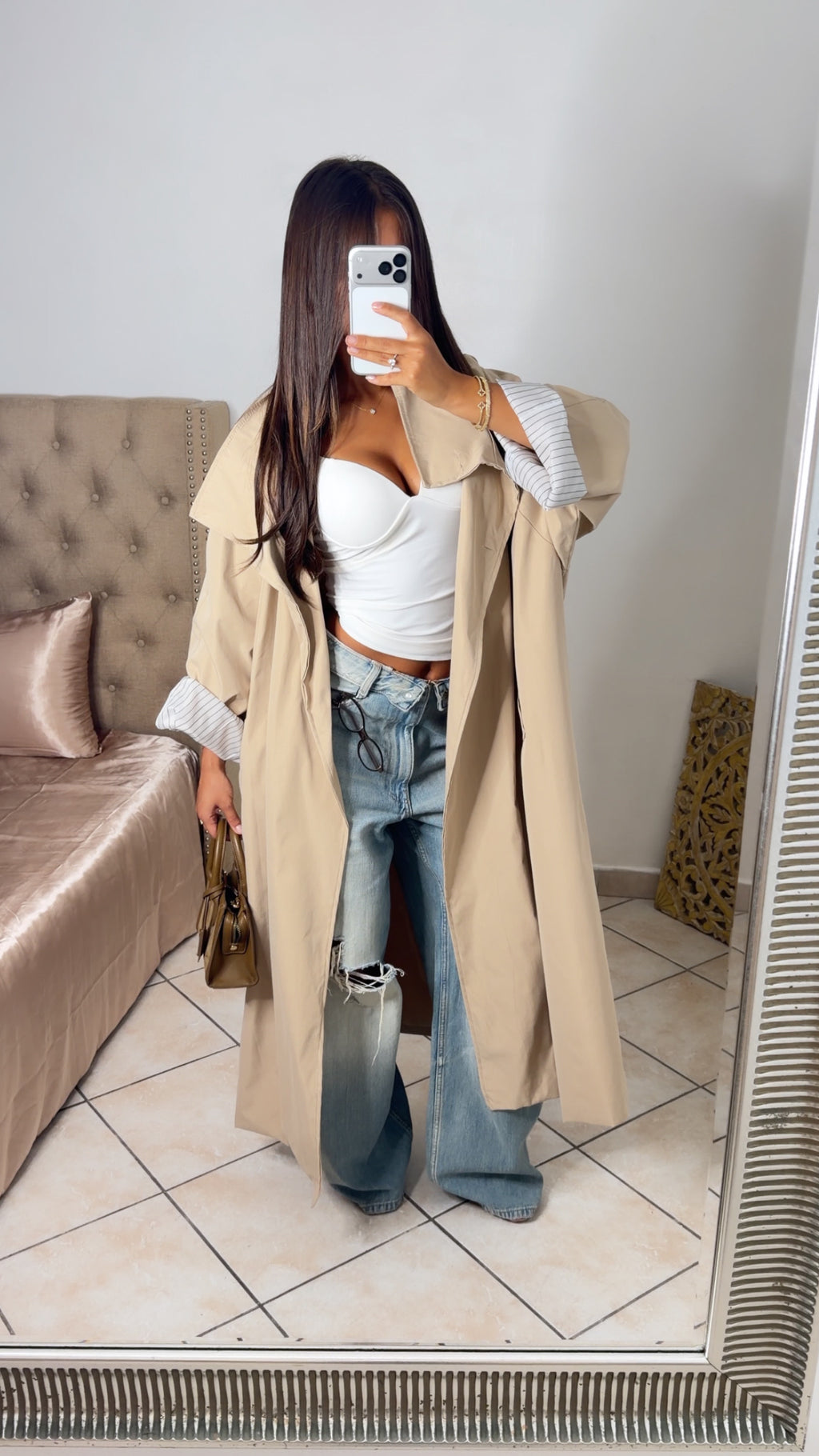 Trench oversize long à revers rayés [BEIGE]
